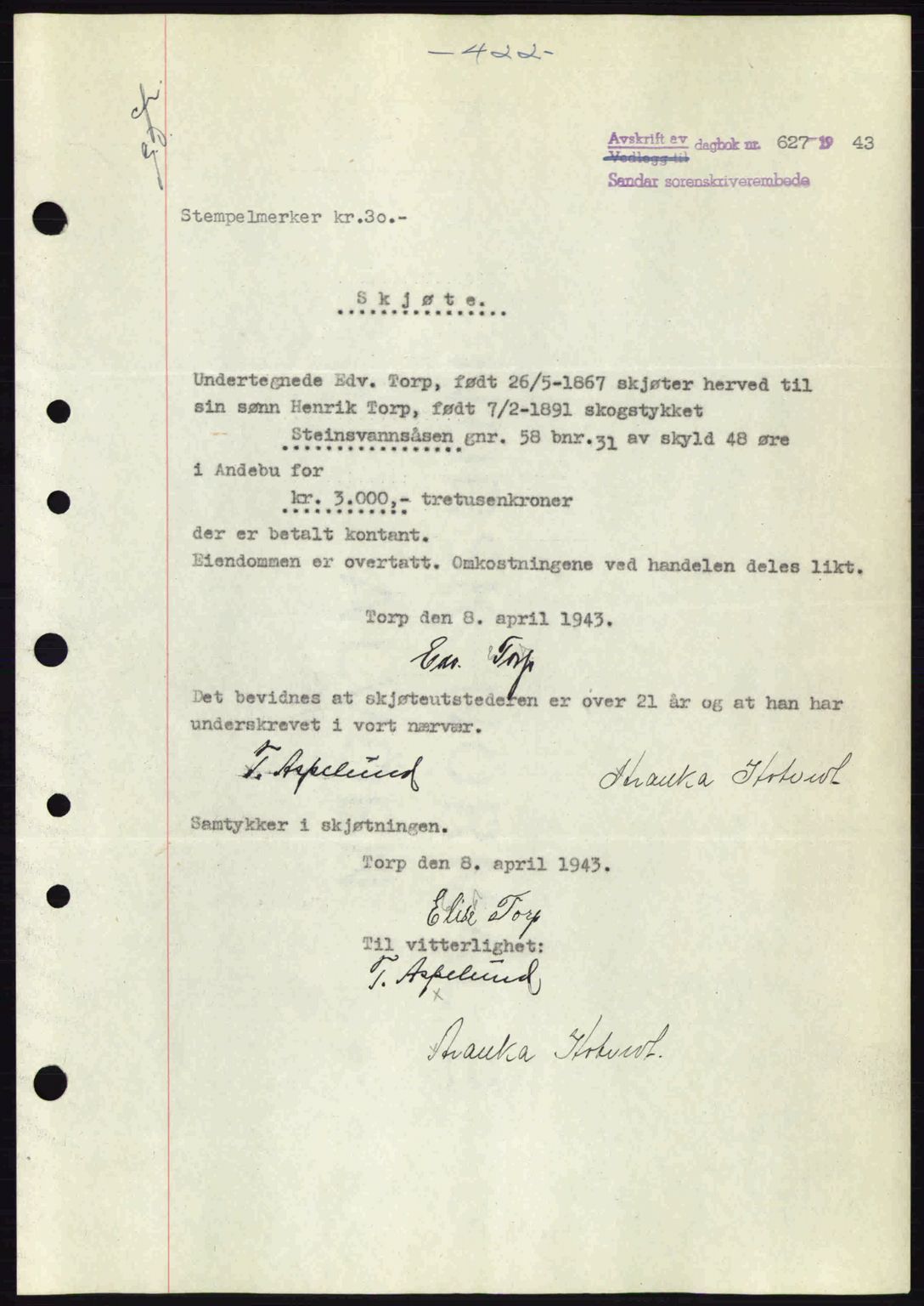 Jarlsberg sorenskriveri, SAKO/A-131/G/Ga/Gaa/L0013: Mortgage book no. A-13, 1942-1943, Diary no: : 627/1943