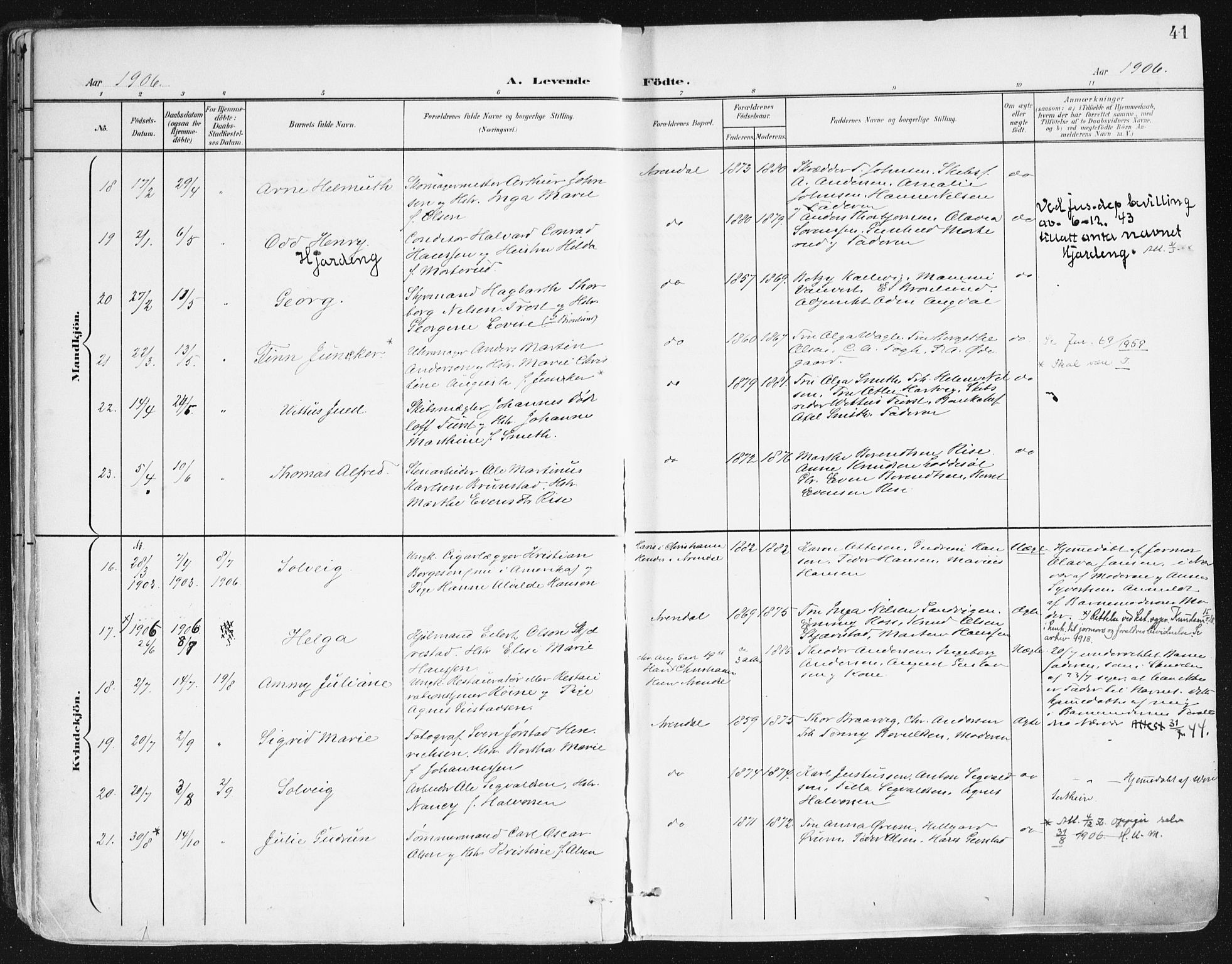 Arendal sokneprestkontor, Trefoldighet, SAK/1111-0040/F/Fa/L0010: Parish register (official) no. A 10, 1900-1919, p. 41