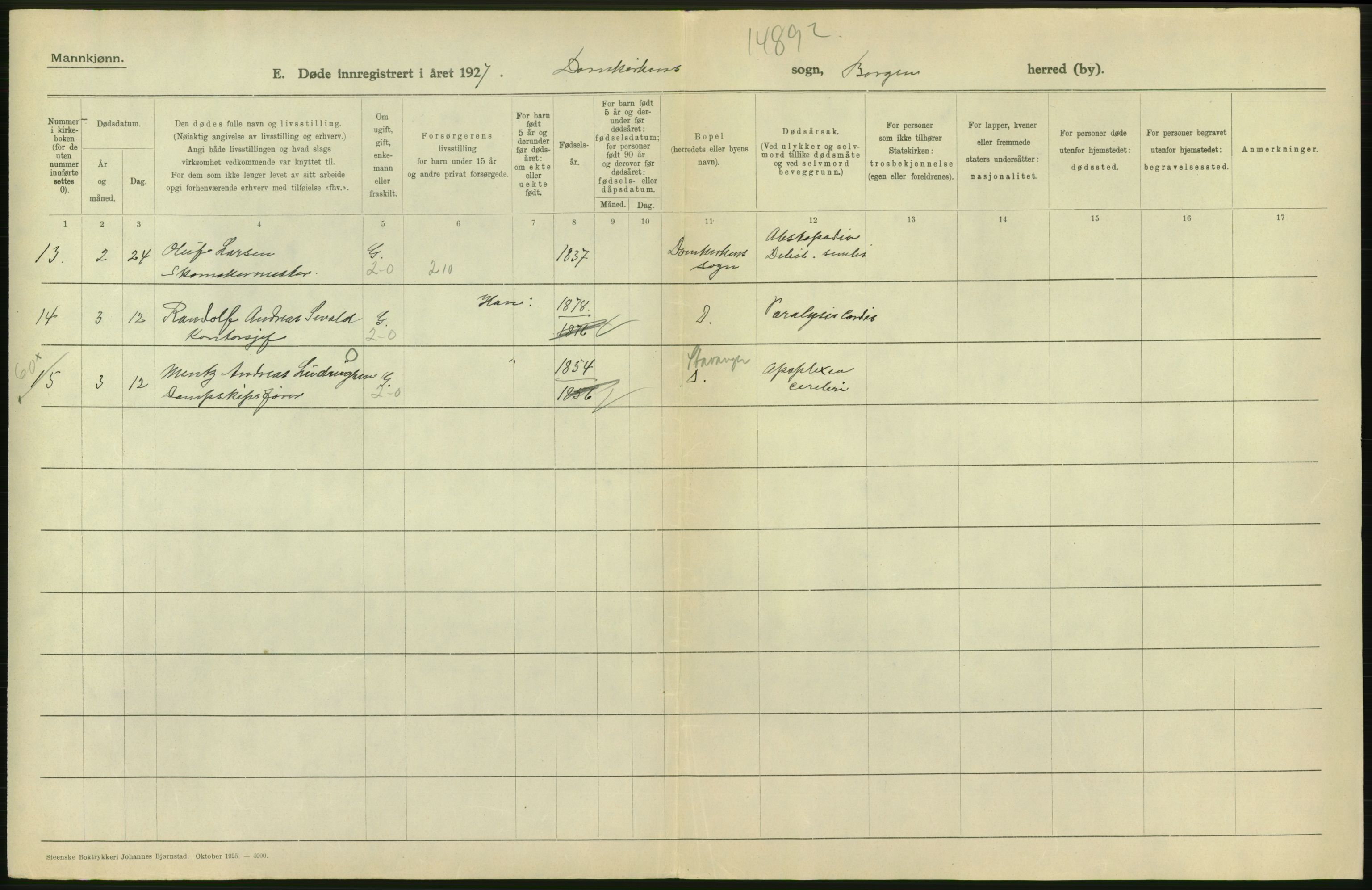 Statistisk sentralbyrå, Sosiodemografiske emner, Befolkning, AV/RA-S-2228/D/Df/Dfc/Dfcg/L0028: Bergen: Gifte, døde., 1927, p. 790