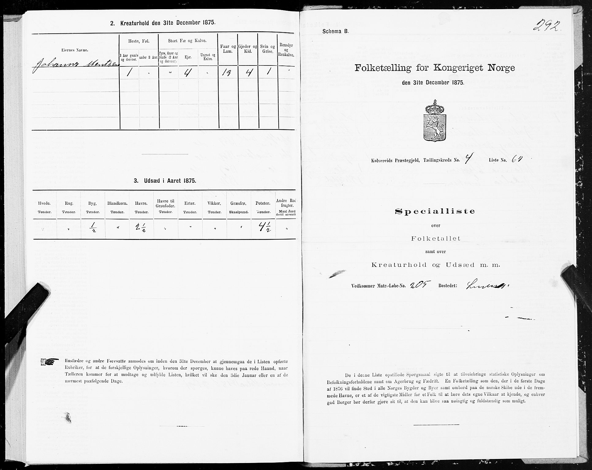 SAT, 1875 census for 1752P Kolvereid, 1875, p. 2292