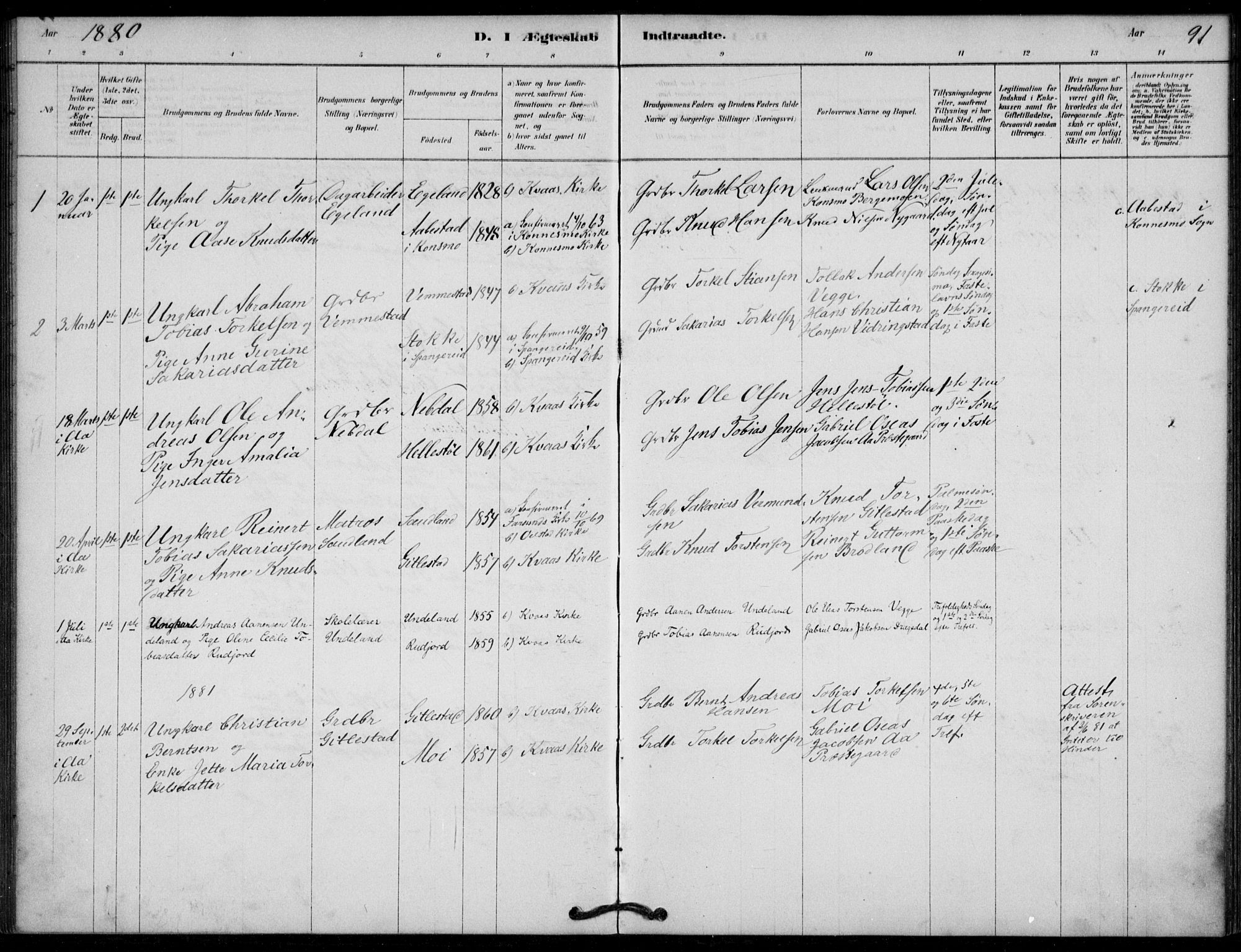 Lyngdal sokneprestkontor, SAK/1111-0029/F/Fa/Fab/L0003: Parish register (official) no. A 3, 1878-1903, p. 91