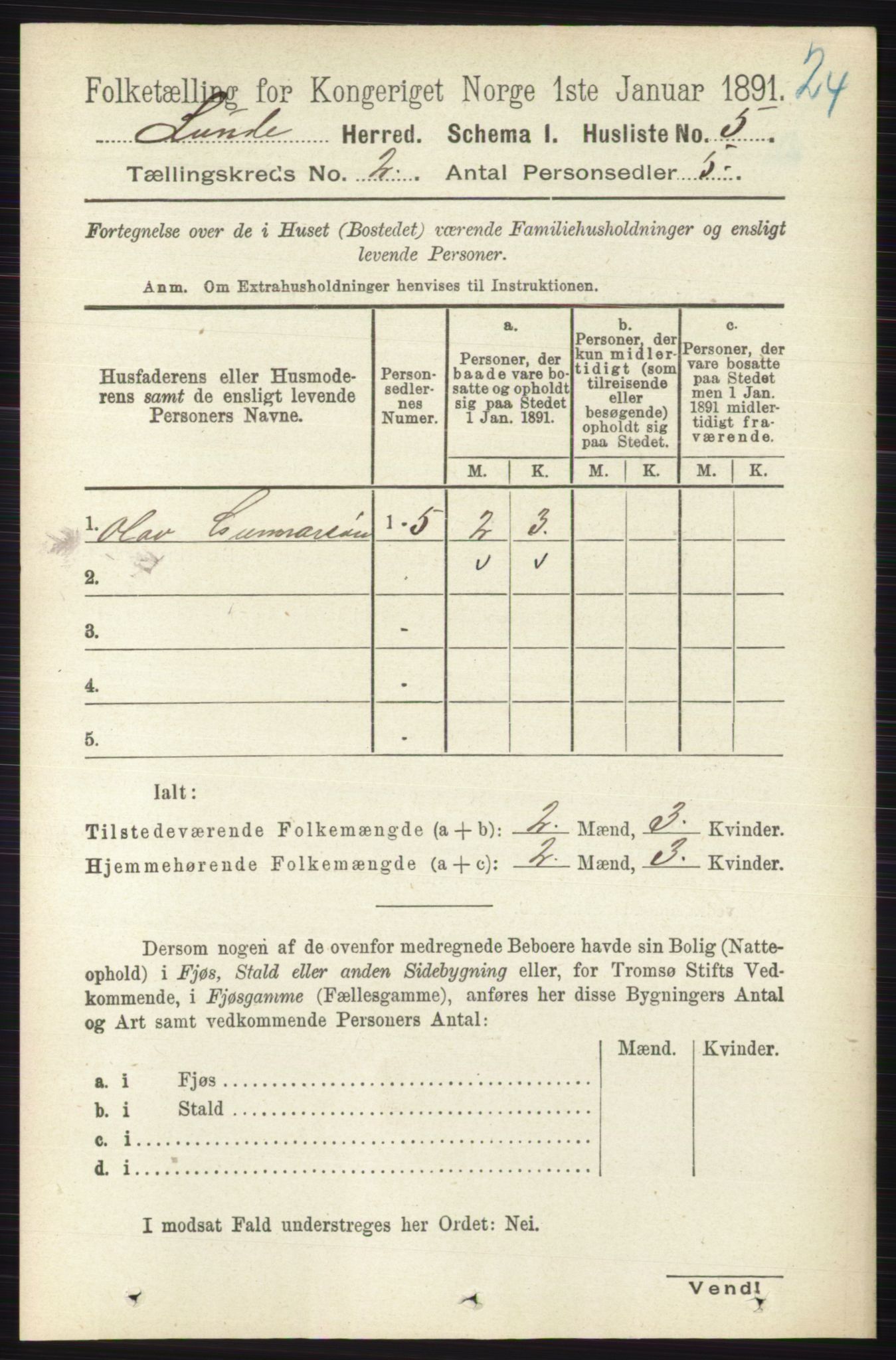 RA, 1891 census for 0820 Lunde, 1891, p. 296