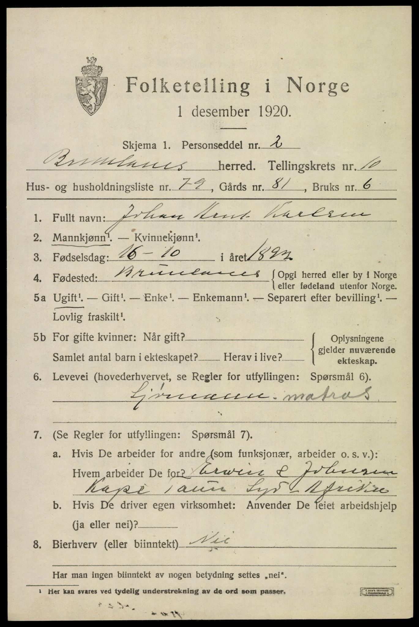 SAKO, 1920 census for Brunlanes, 1920, p. 9269