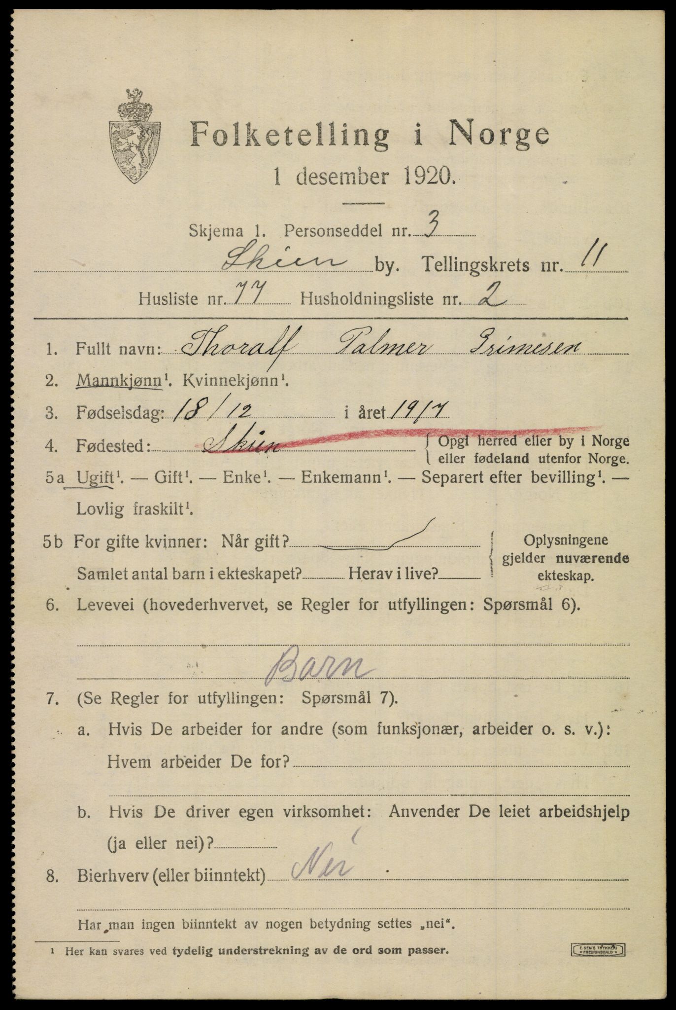 SAKO, 1920 census for Skien, 1920, p. 36474