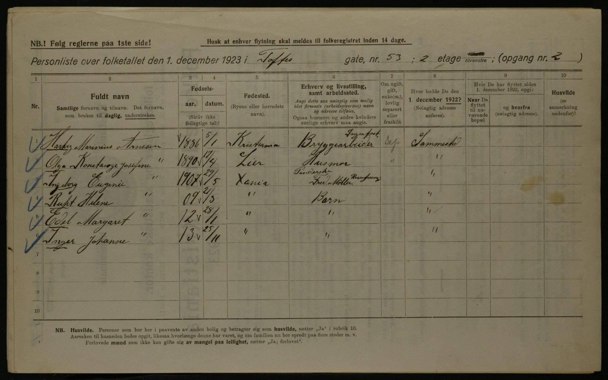 OBA, Municipal Census 1923 for Kristiania, 1923, p. 124520