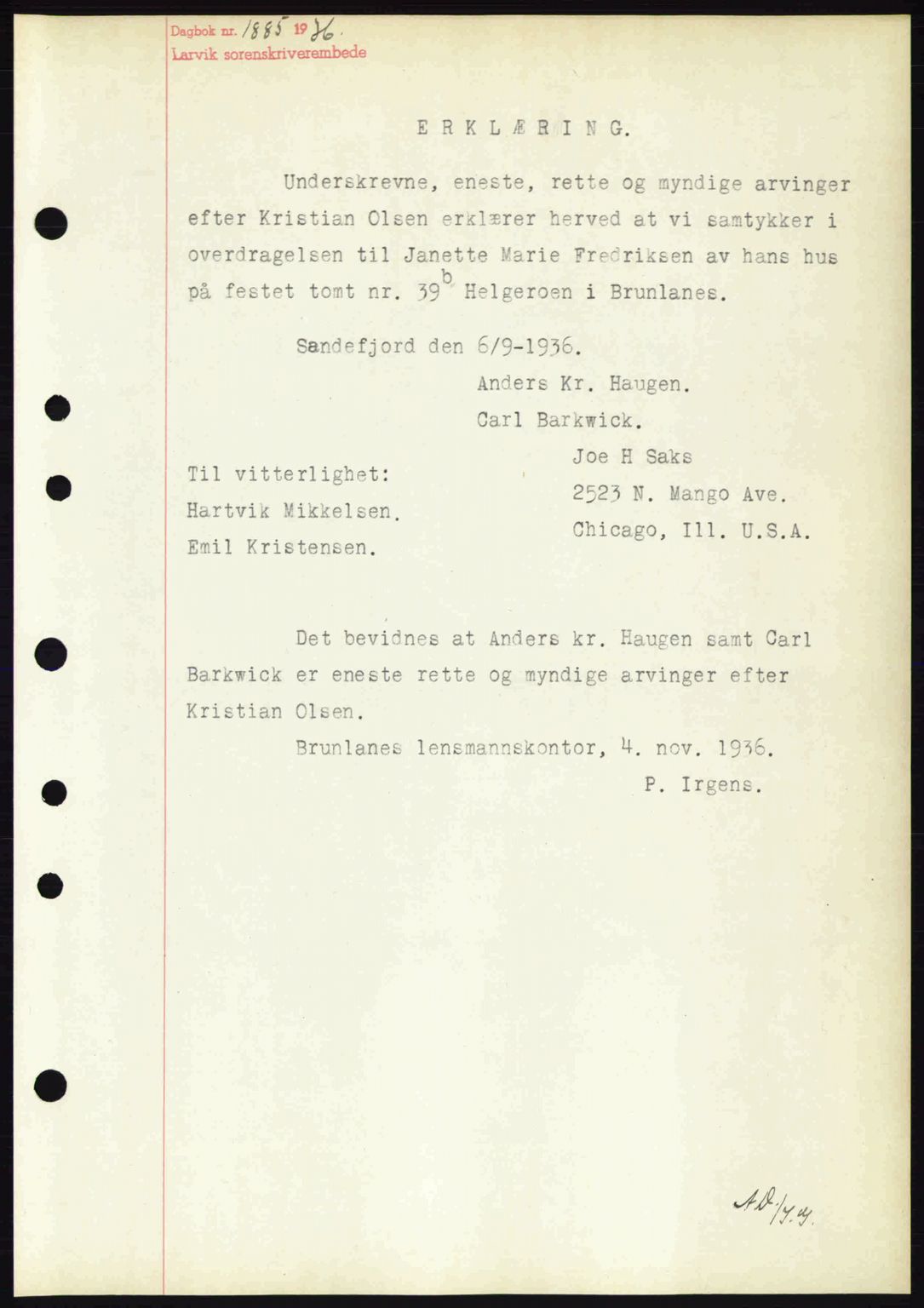 Larvik sorenskriveri, SAKO/A-83/G/Ga/Gab/L0067: Mortgage book no. A-1, 1936-1937, Diary no: : 1885/1936