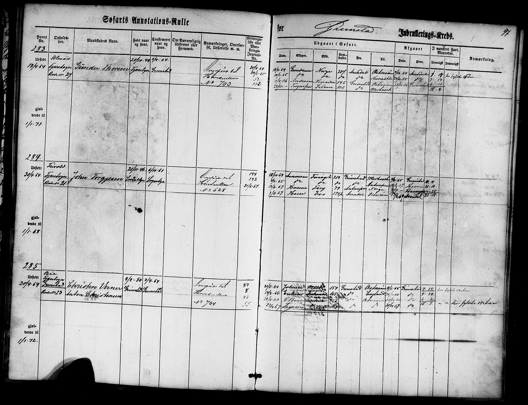 Grimstad mønstringskrets, AV/SAK-2031-0013/F/Fa/L0004: Annotasjonsrulle nr 1-435 med register, V-17, 1860-1867, p. 120