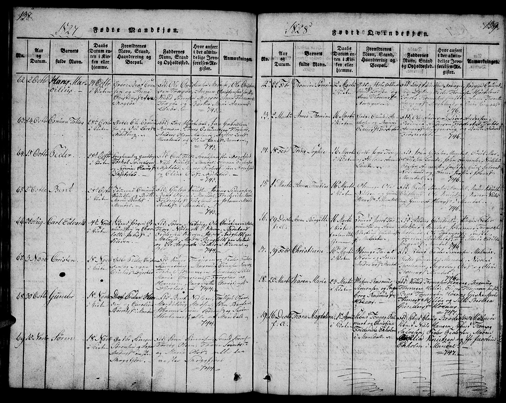 Mandal sokneprestkontor, AV/SAK-1111-0030/F/Fb/Fba/L0001: Parish register (copy) no. B 1, 1818-1830, p. 138-139