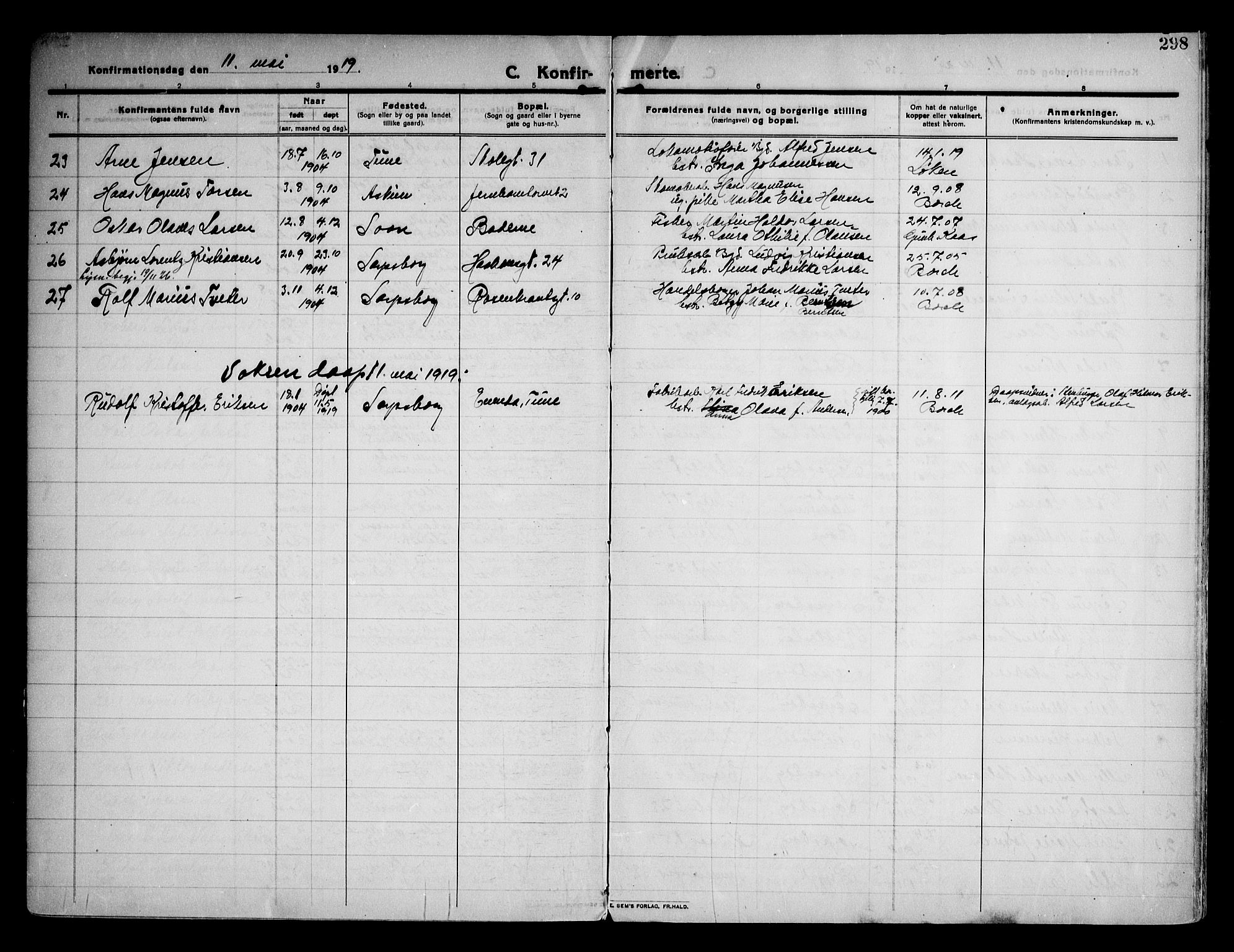 Sarpsborg prestekontor Kirkebøker, AV/SAO-A-2006/F/Fa/L0008: Parish register (official) no. 8, 1910-1920, p. 298