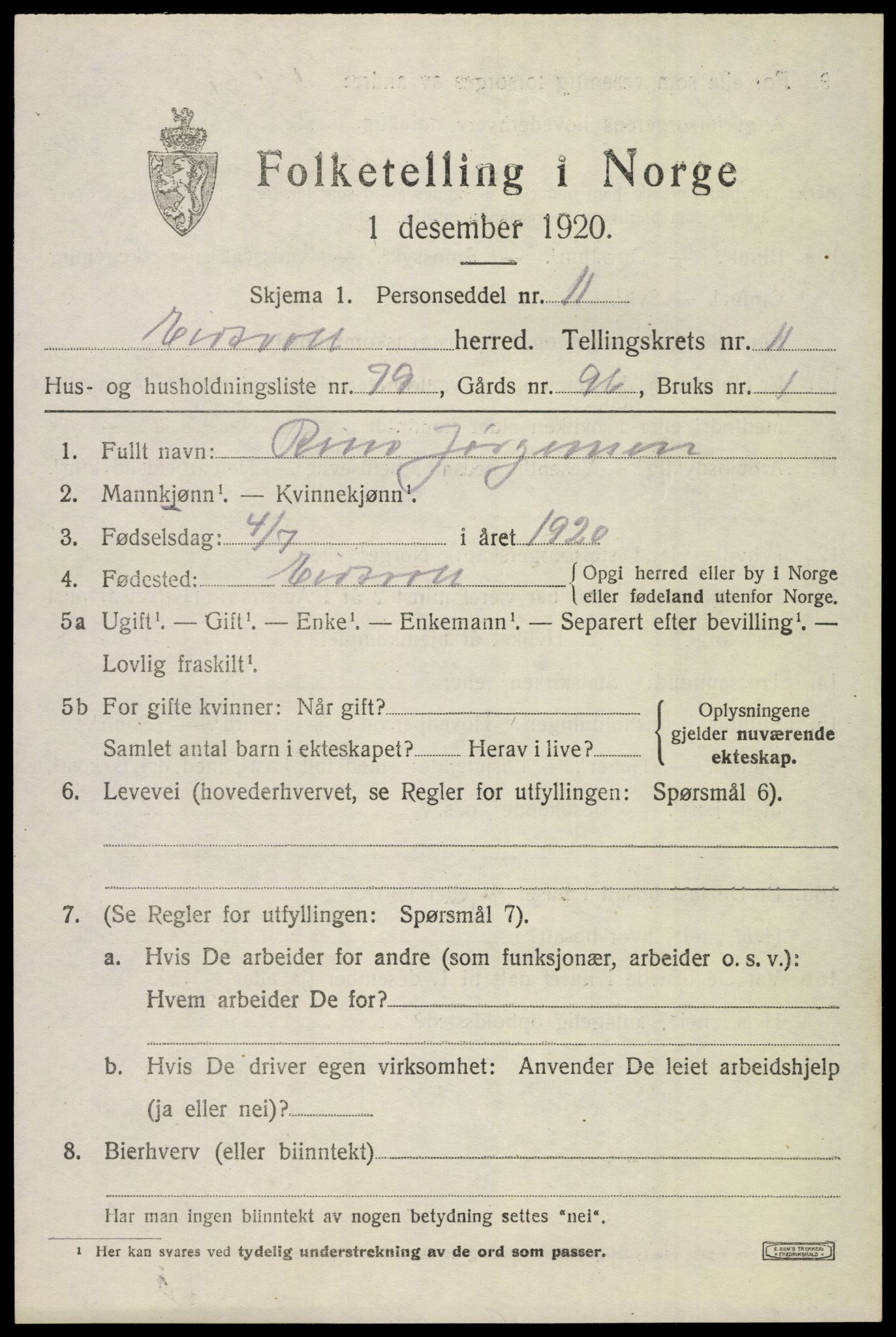 SAO, 1920 census for Eidsvoll, 1920, p. 18107