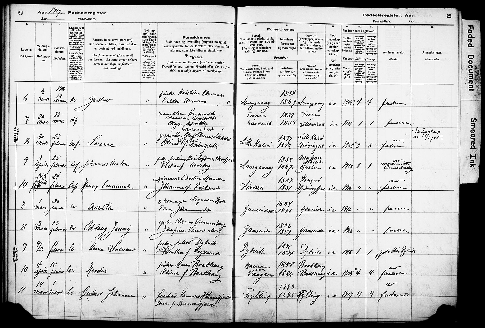 Ministerialprotokoller, klokkerbøker og fødselsregistre - Møre og Romsdal, SAT/A-1454/528/L0442: Birth register no. 528.II.4.1, 1916-1924, p. 22