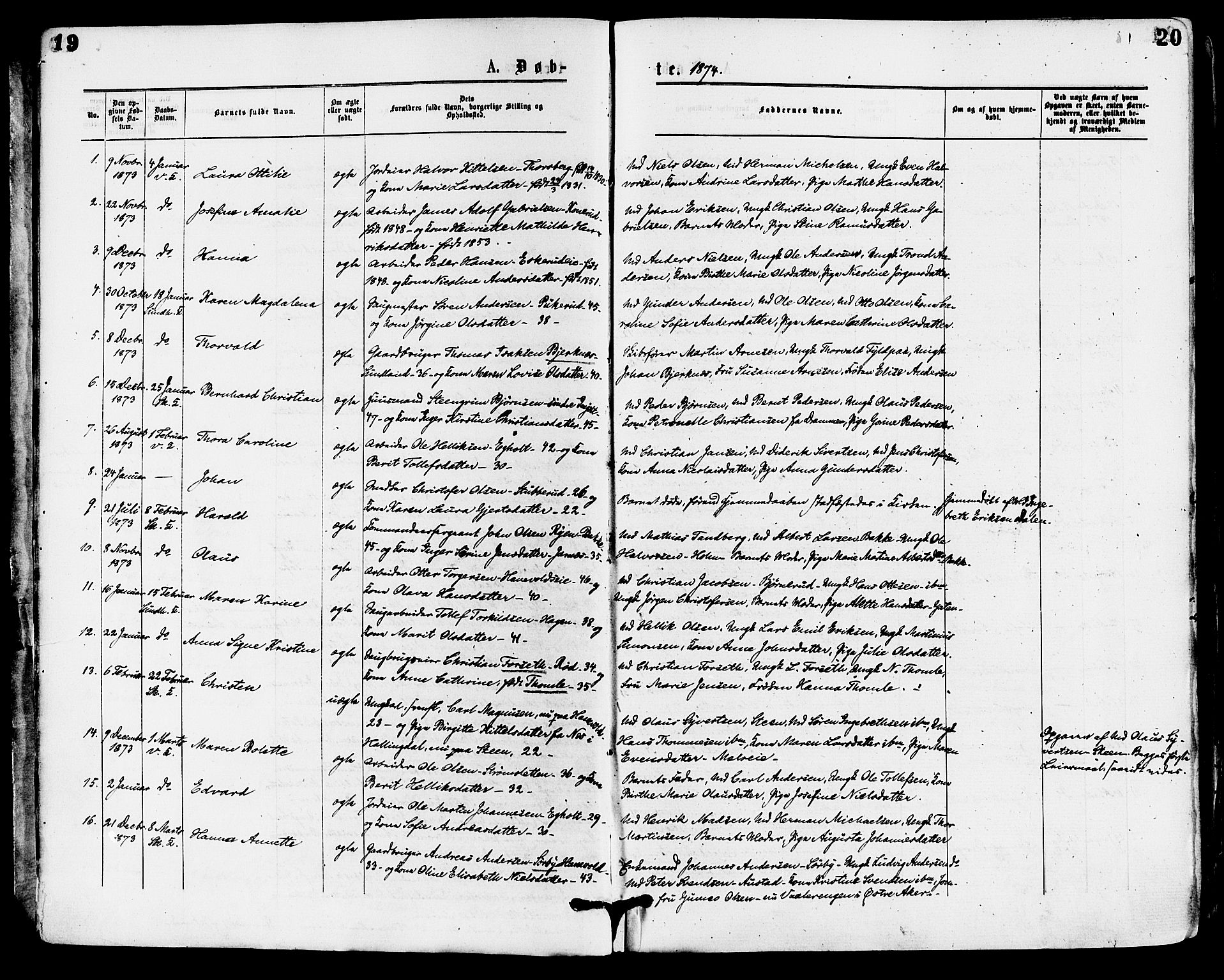 Skoger kirkebøker, AV/SAKO-A-59/F/Fa/L0005: Parish register (official) no. I 5, 1873-1884, p. 19-20