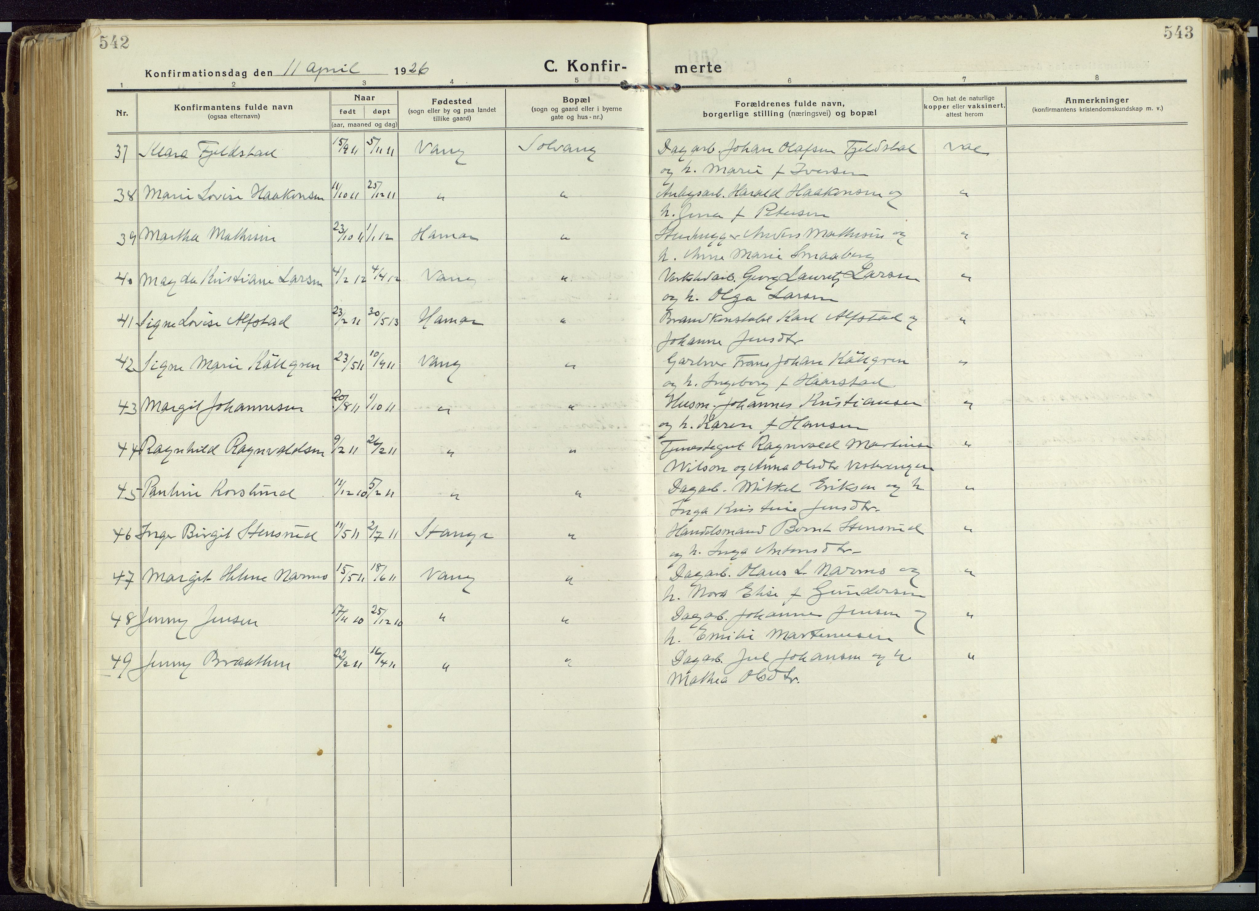 Vang prestekontor, Hedmark, SAH/PREST-008/H/Ha/Haa/L0022: Parish register (official) no. 22, 1918-1944, p. 542-543