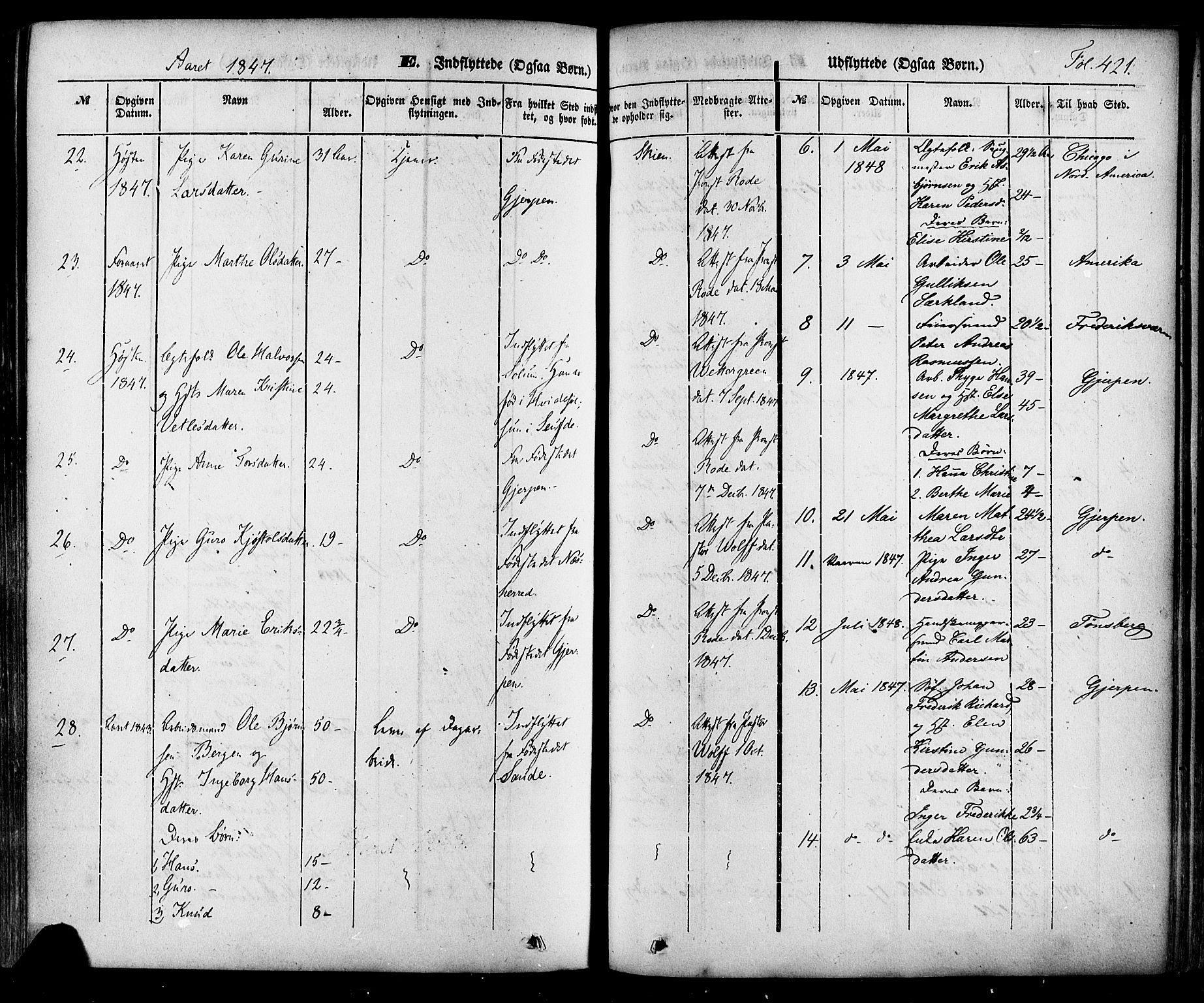 Skien kirkebøker, SAKO/A-302/F/Fa/L0006a: Parish register (official) no. 6A, 1843-1856, p. 421