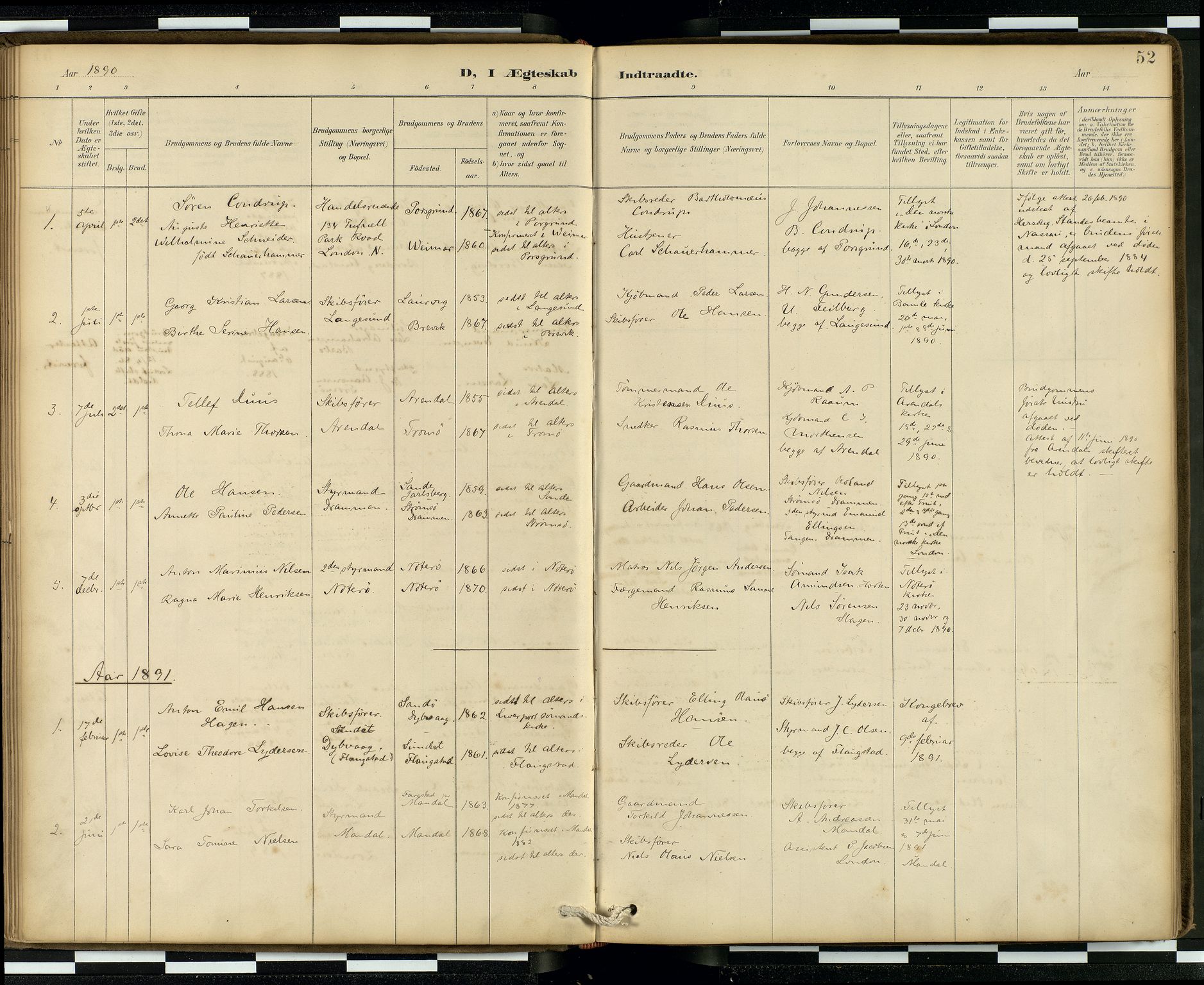  Den norske sjømannsmisjon i utlandet/London m/bistasjoner, SAB/SAB/PA-0103/H/Ha/L0002: Parish register (official) no. A 2, 1887-1903, p. 51b-52a
