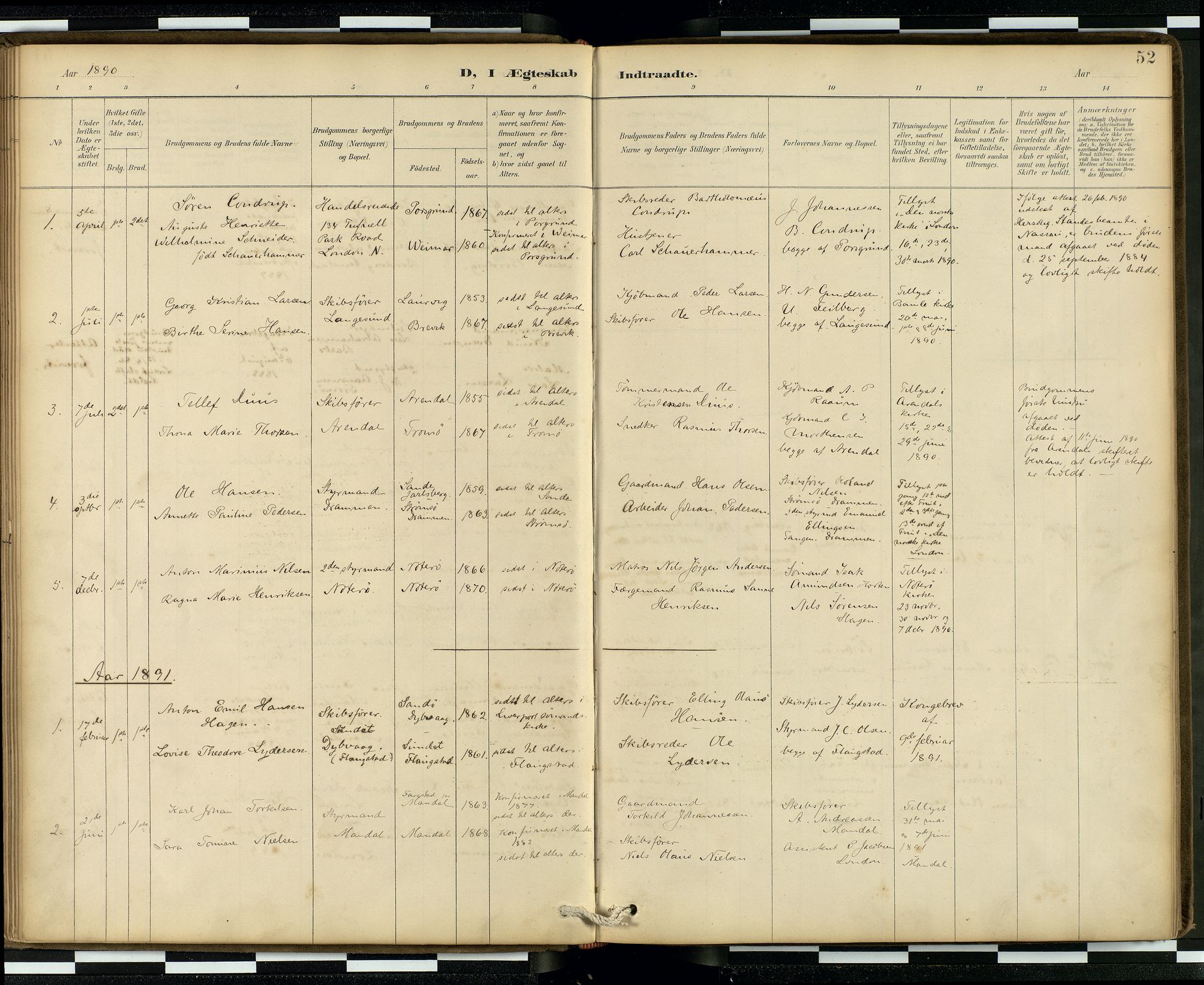 Den norske sjømannsmisjon i utlandet/London m/bistasjoner, AV/SAB-SAB/PA-0103/H/Ha/L0002: Parish register (official) no. A 2, 1887-1903, p. 51b-52a