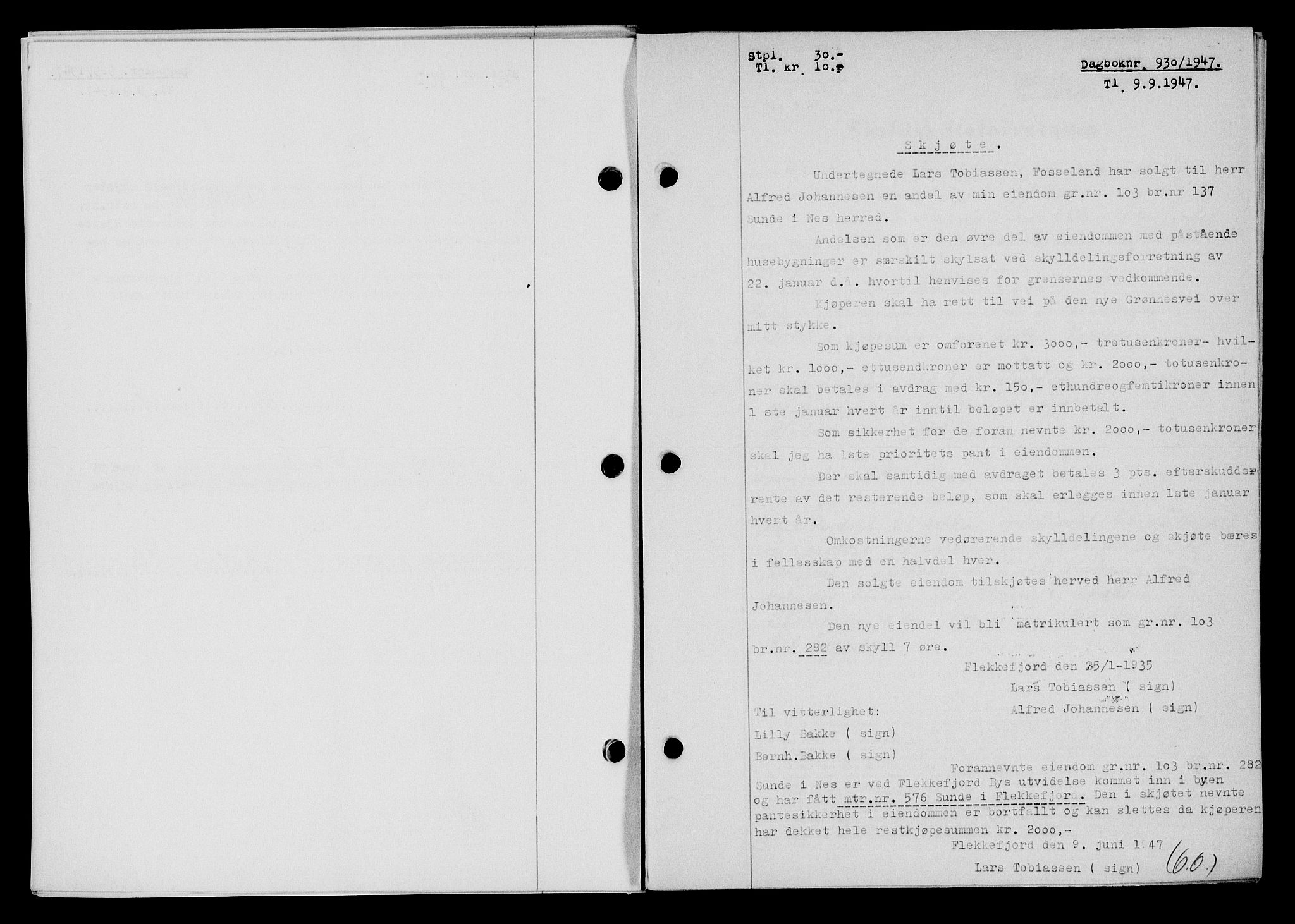 Flekkefjord sorenskriveri, SAK/1221-0001/G/Gb/Gba/L0062: Mortgage book no. A-10, 1947-1947, Diary no: : 930/1947