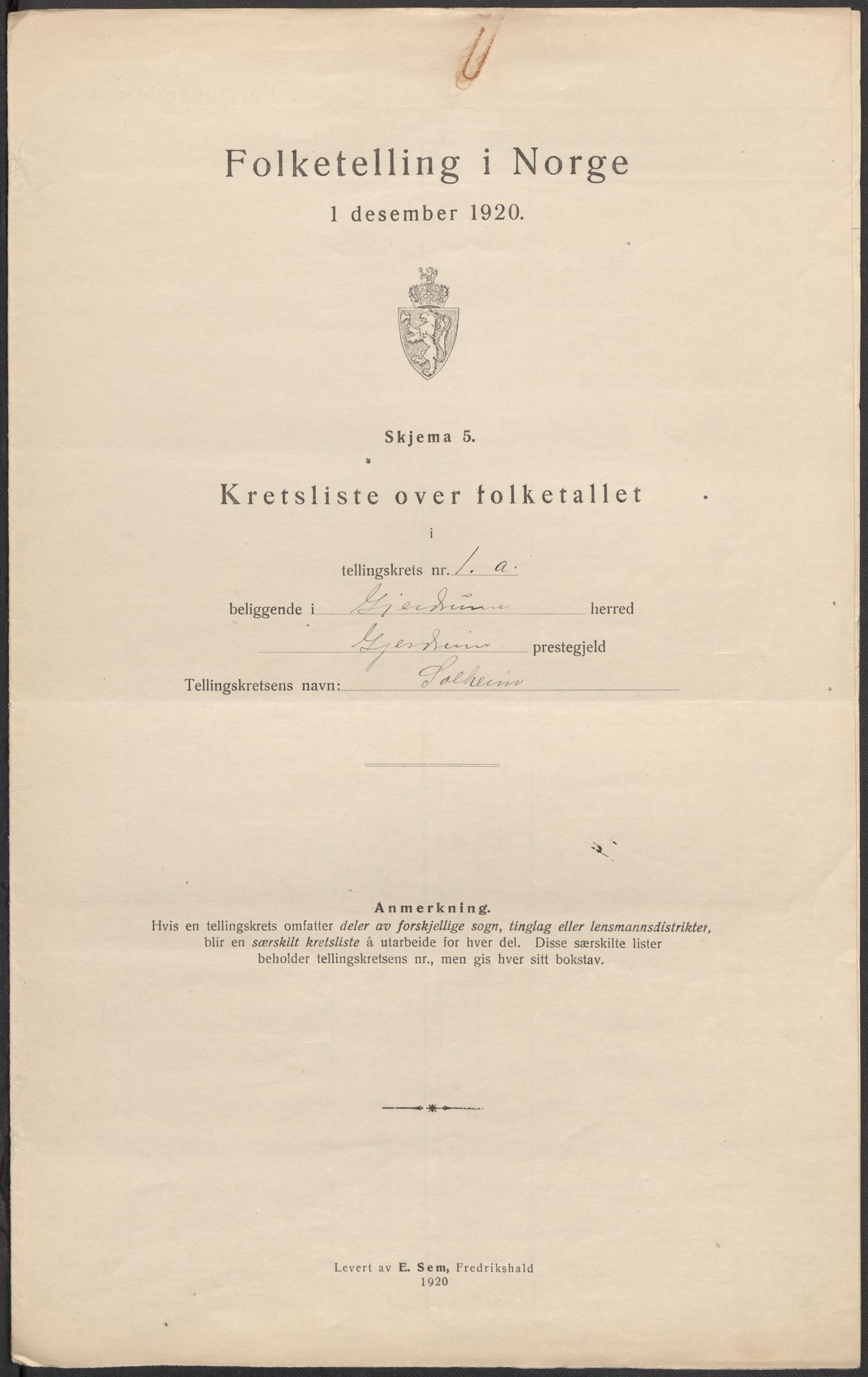 SAO, 1920 census for Gjerdrum, 1920, p. 5
