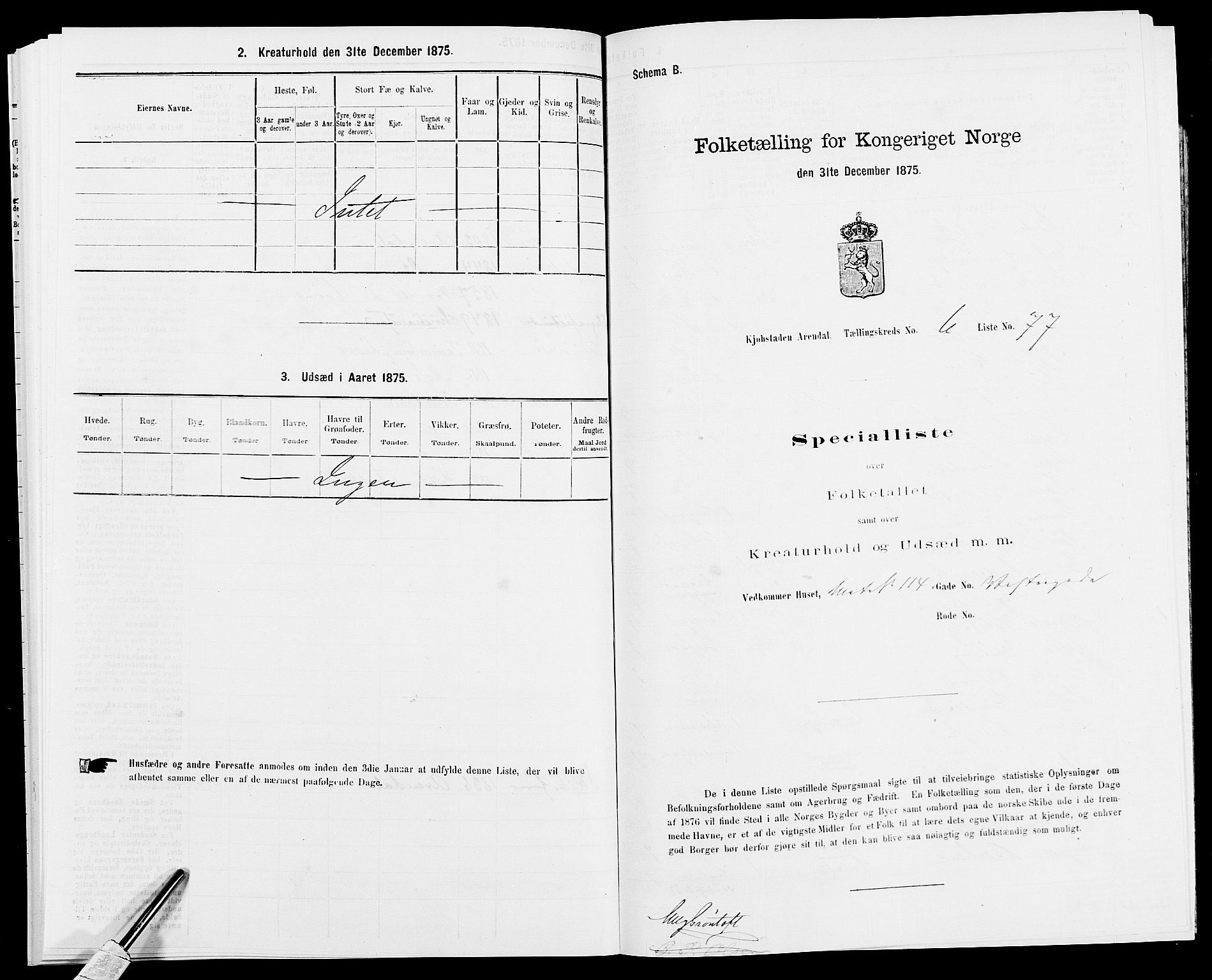 SAK, 1875 census for 0903P Arendal, 1875, p. 185