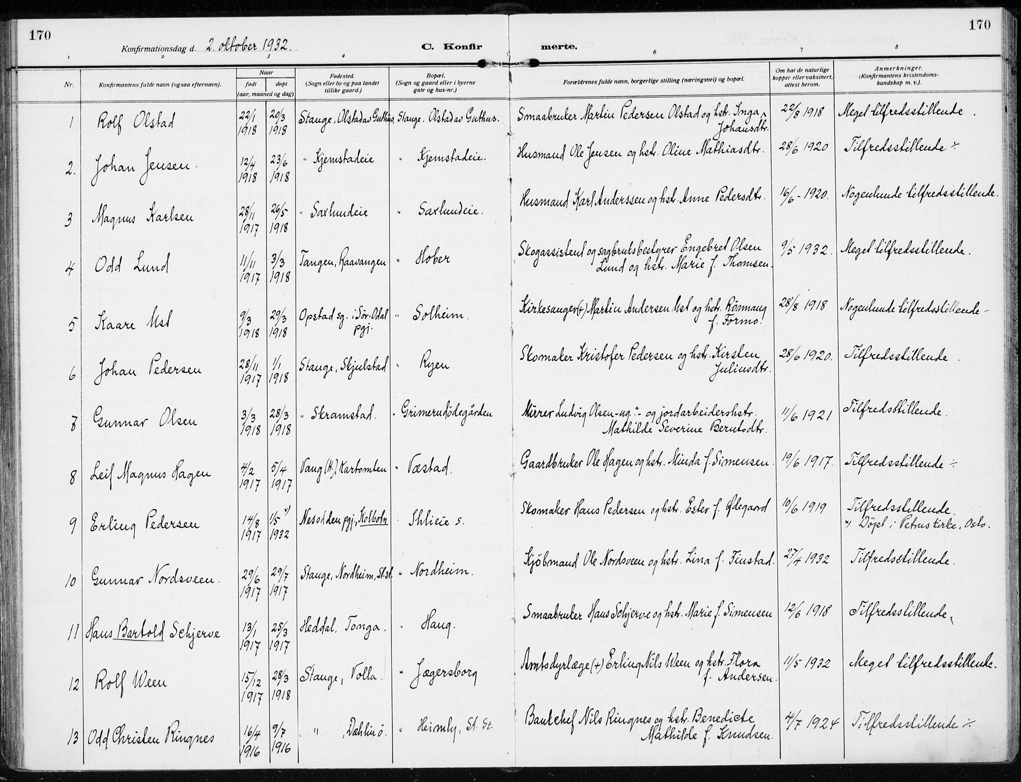 Stange prestekontor, AV/SAH-PREST-002/K/L0026: Parish register (official) no. 26, 1923-1937, p. 170
