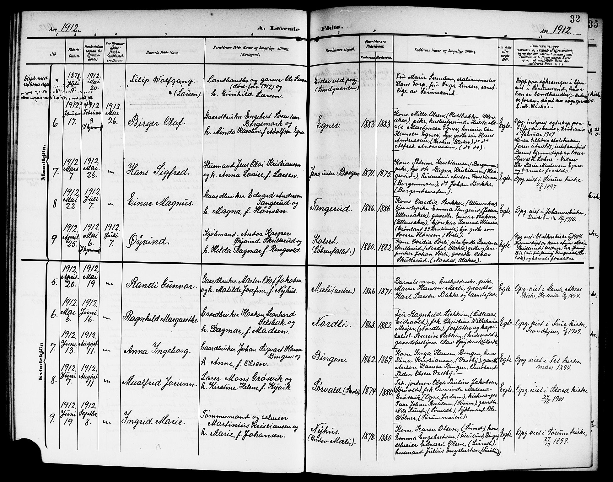 Sørum prestekontor Kirkebøker, AV/SAO-A-10303/G/Ga/L0007: Parish register (copy) no. I 7, 1907-1917, p. 32