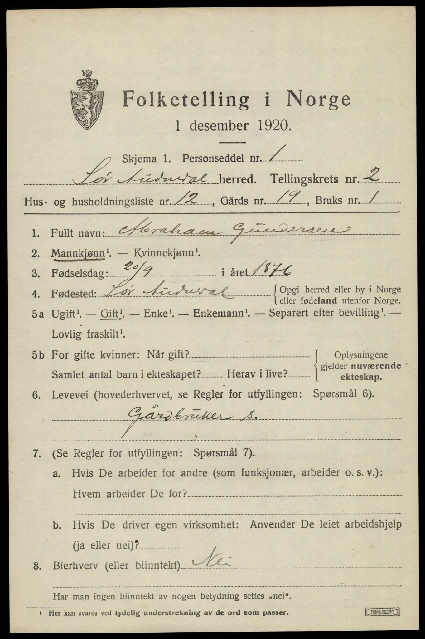 SAK, 1920 census for Sør-Audnedal, 1920, p. 1665