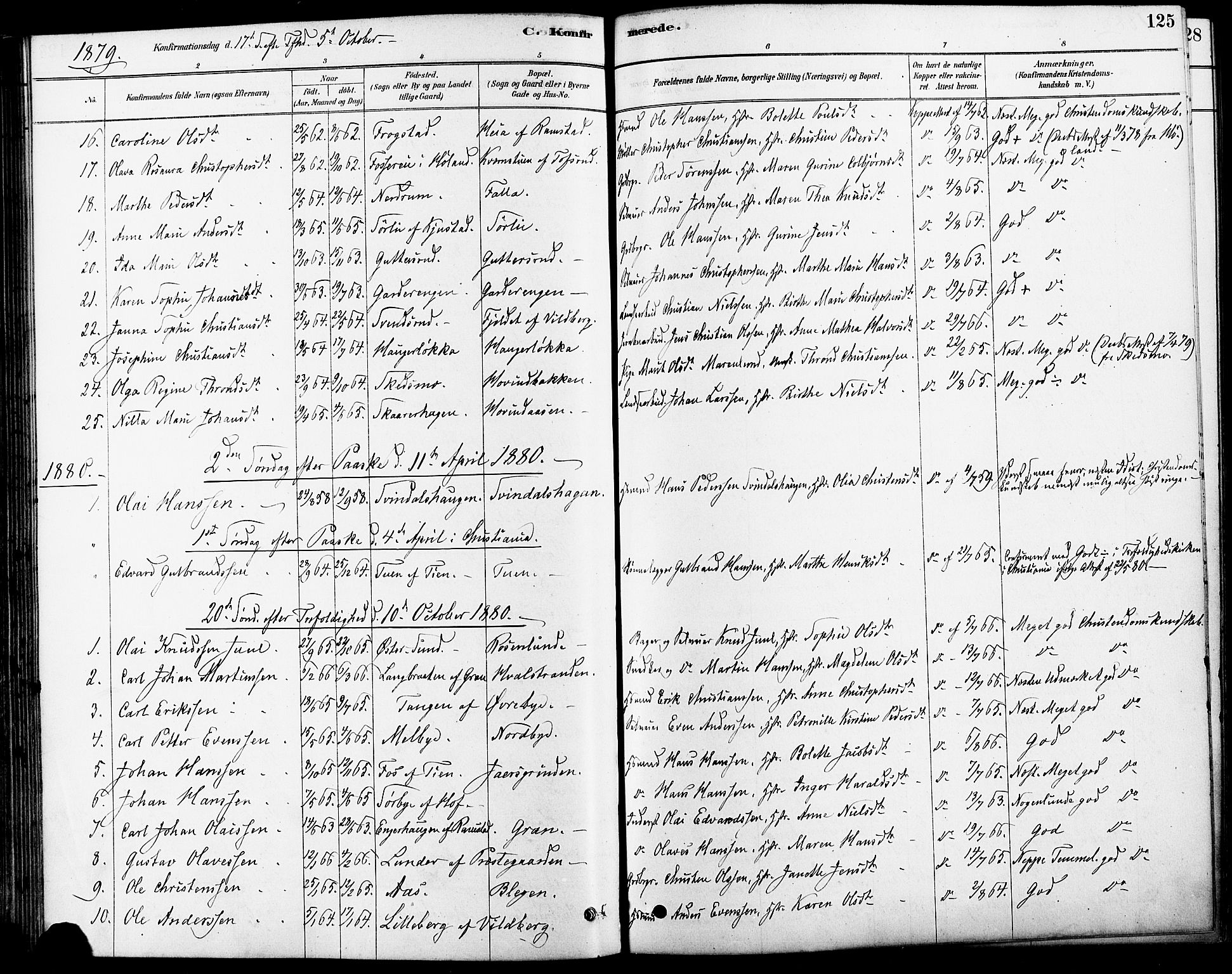 Fet prestekontor Kirkebøker, SAO/A-10370a/F/Fa/L0014: Parish register (official) no. I 14, 1878-1891, p. 125