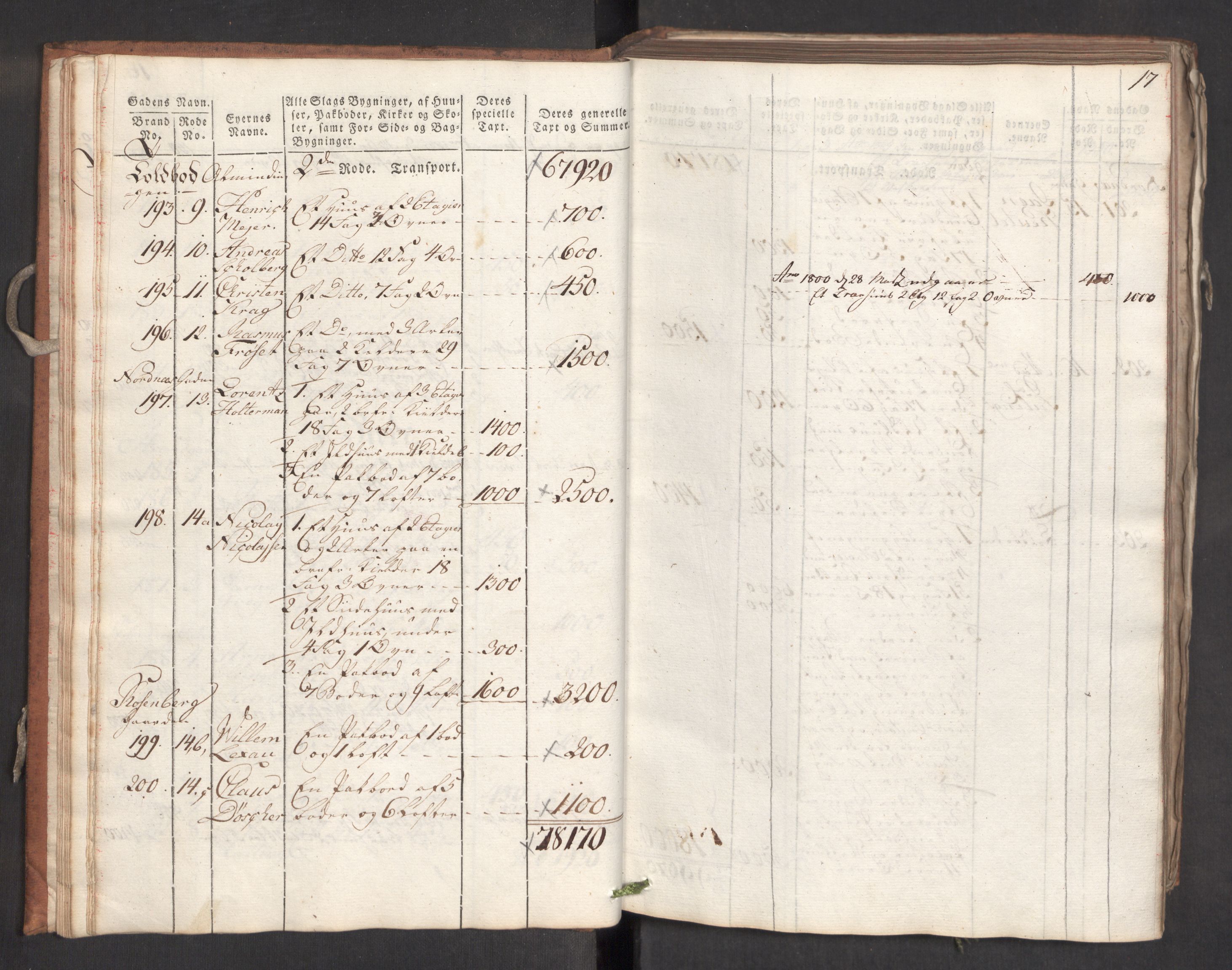 Kommersekollegiet, Brannforsikringskontoret 1767-1814, RA/EA-5458/F/Fa/L0006/0001: Bergen / Branntakstprotokoll, 1797, p. 17
