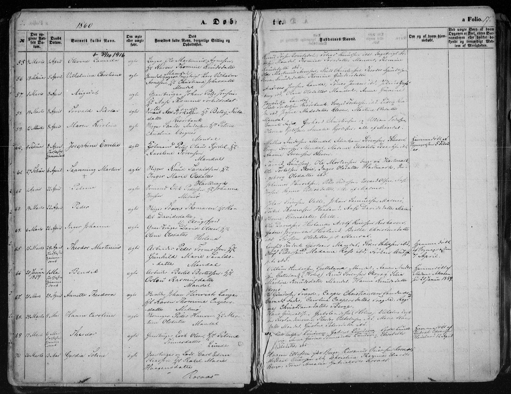 Mandal sokneprestkontor, AV/SAK-1111-0030/F/Fa/Faa/L0014: Parish register (official) no. A 14, 1859-1872, p. 17