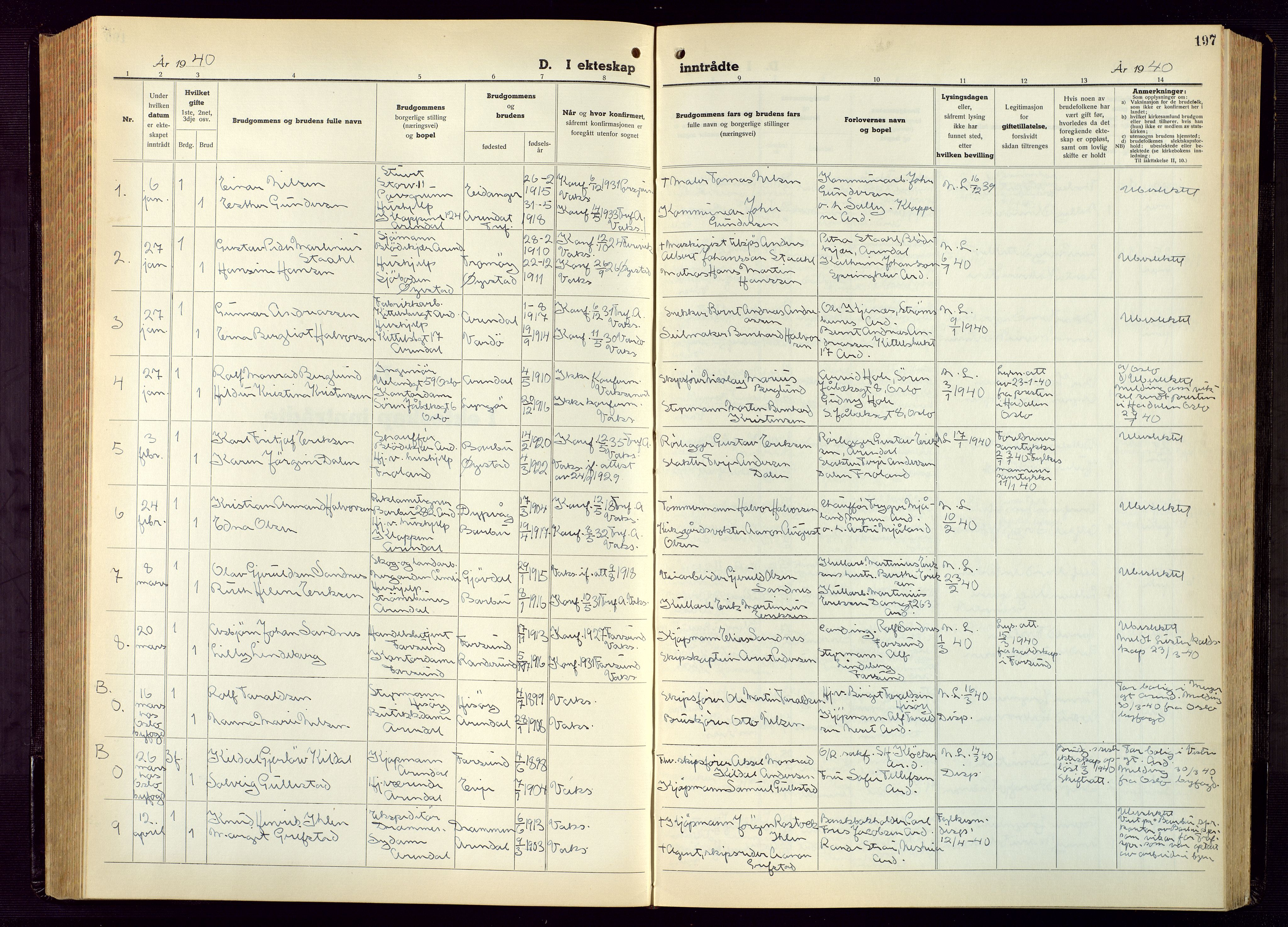 Arendal sokneprestkontor, Trefoldighet, AV/SAK-1111-0040/F/Fb/L0009: Parish register (copy) no. B 9, 1940-1949, p. 197