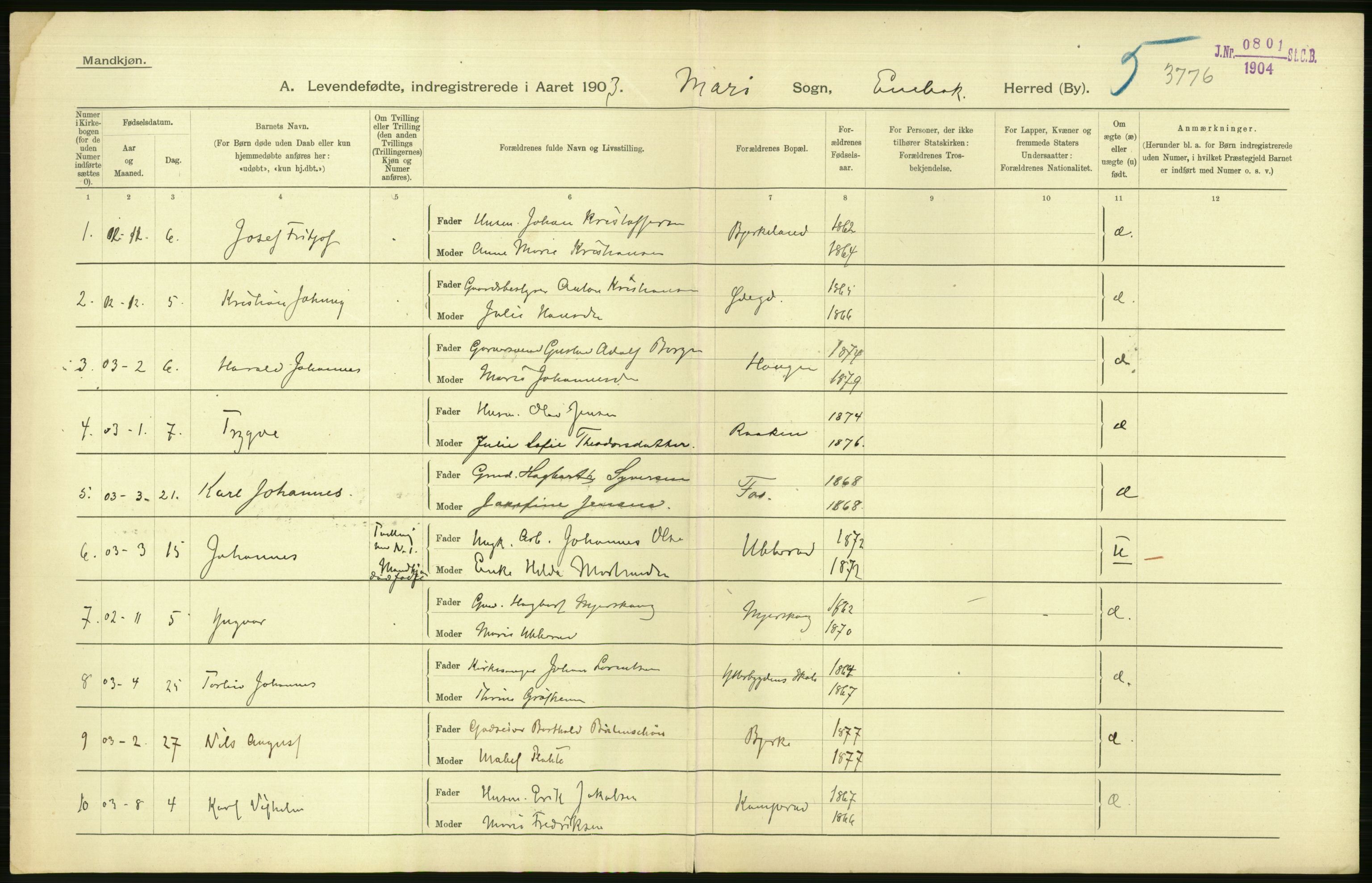 Statistisk sentralbyrå, Sosiodemografiske emner, Befolkning, AV/RA-S-2228/D/Df/Dfa/Dfaa/L0002: Akershus amt: Fødte, gifte, døde, 1903, p. 76