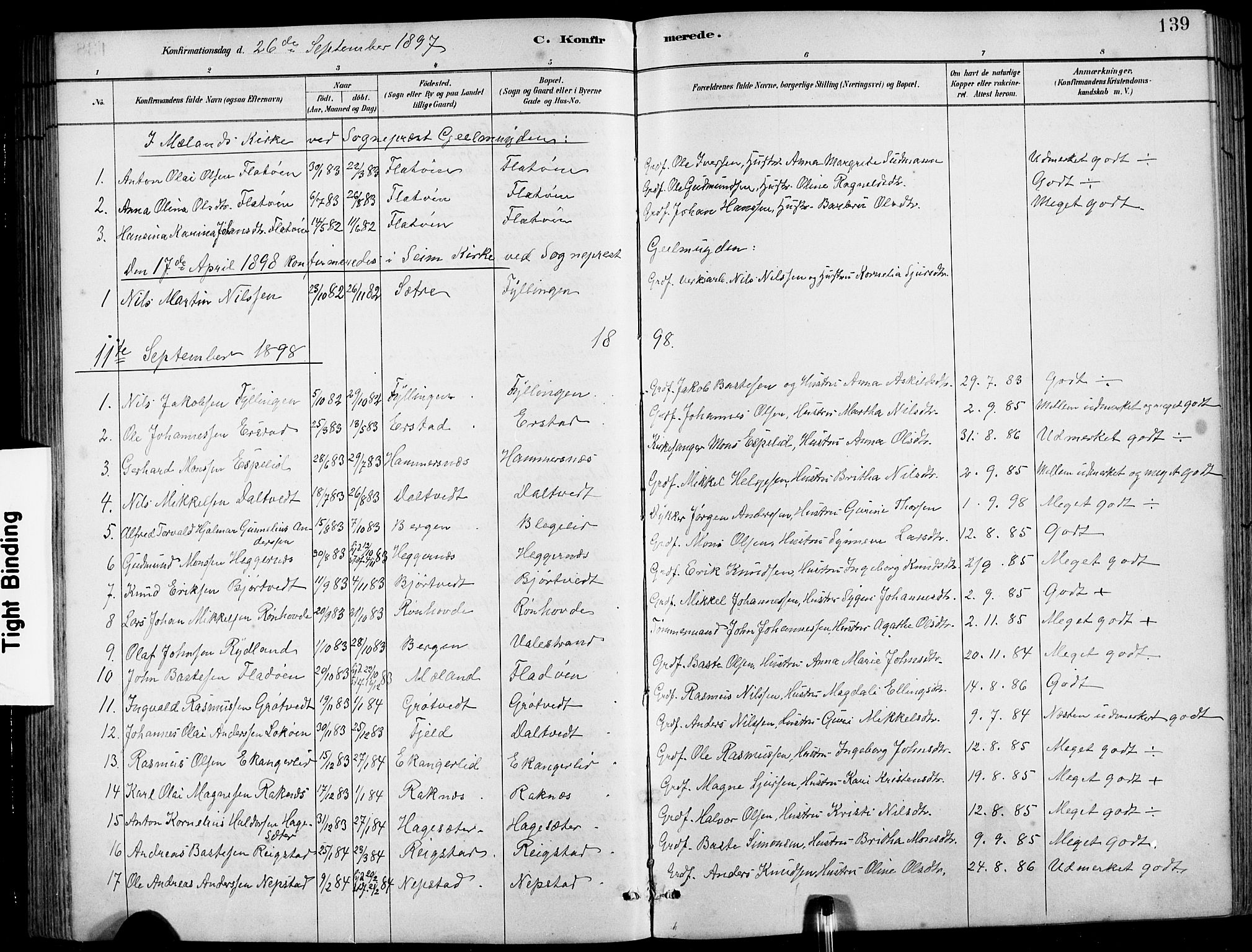Hamre sokneprestembete, SAB/A-75501/H/Ha/Hab: Parish register (copy) no. B 3, 1881-1898, p. 139