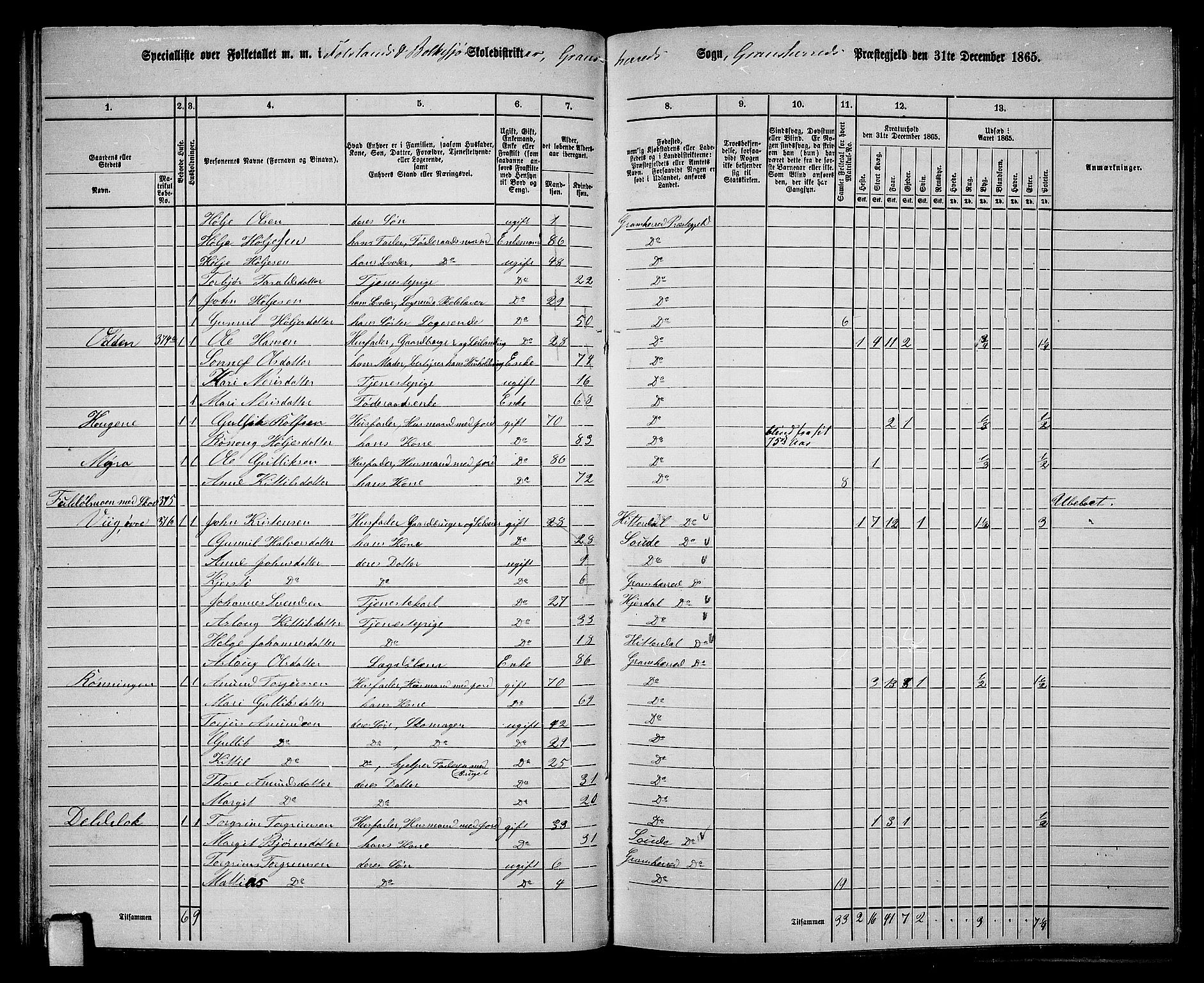 RA, 1865 census for Gransherad, 1865, p. 50