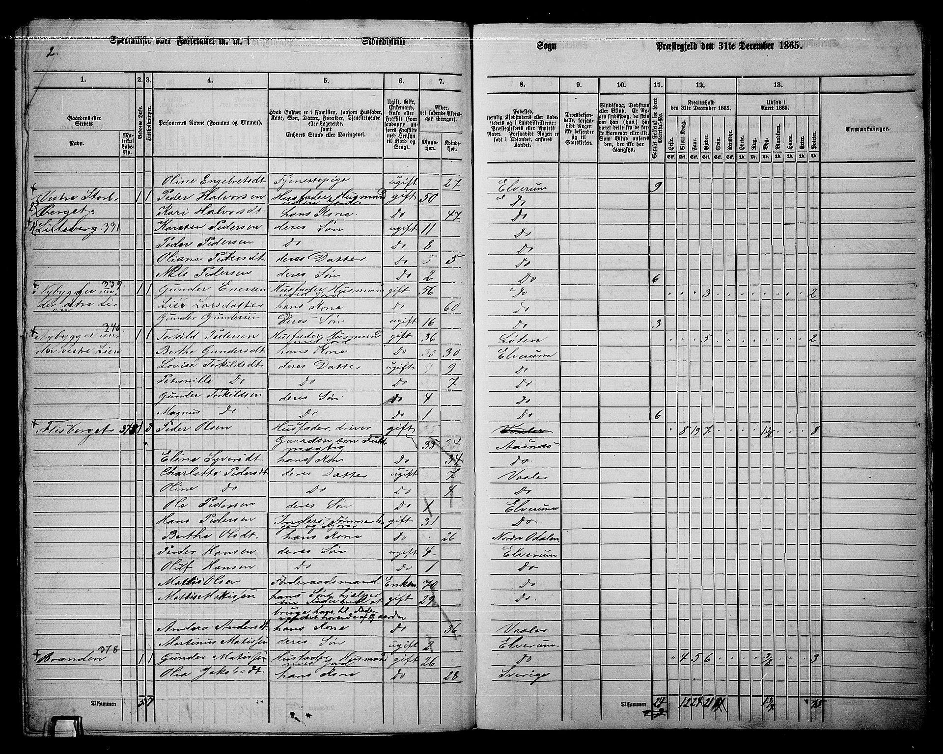 RA, 1865 census for Elverum, 1865, p. 257