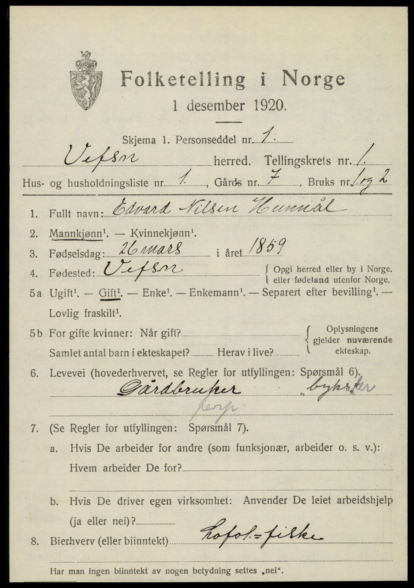 SAT, 1920 census for Vefsn, 1920, p. 1639