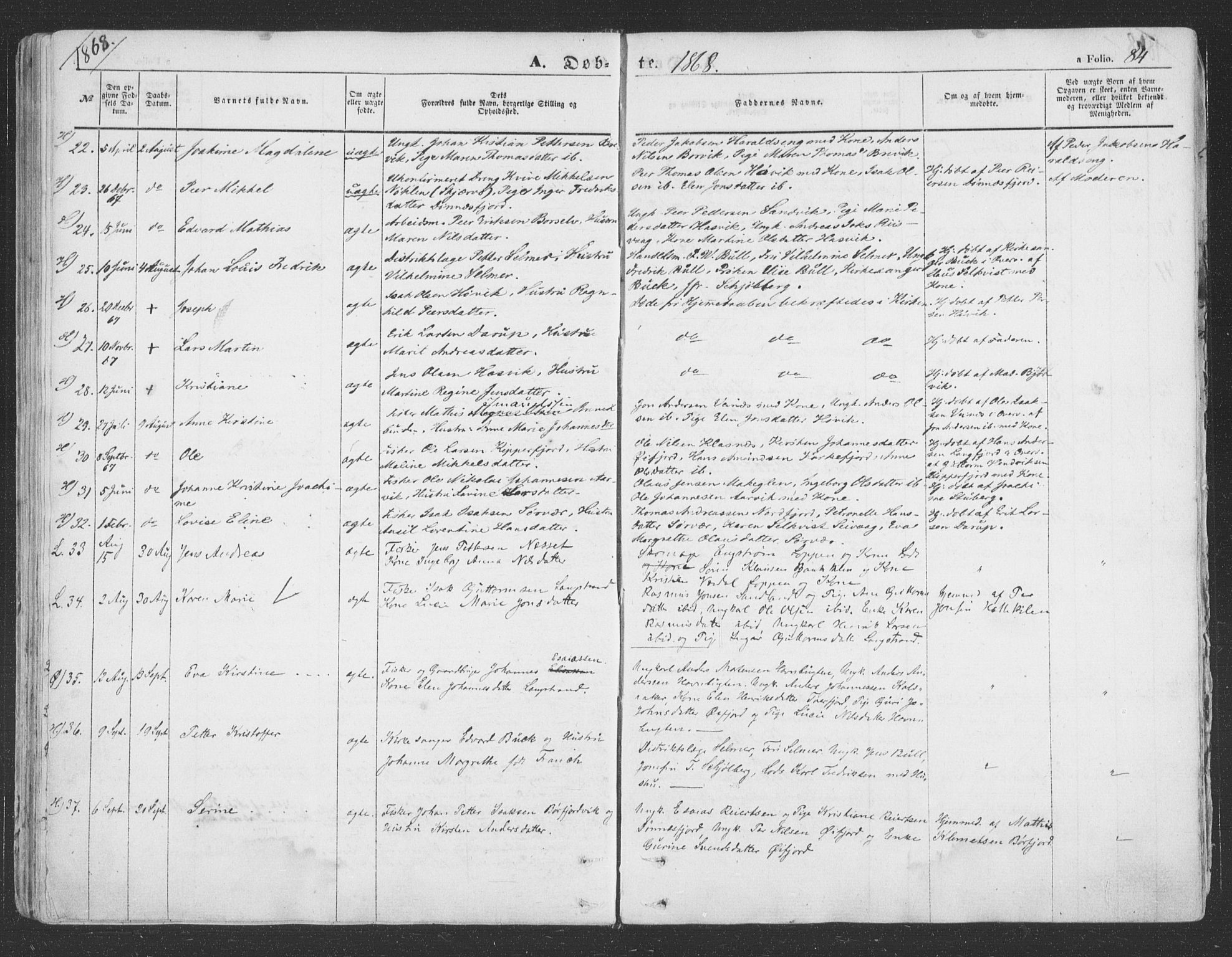 Loppa sokneprestkontor, SATØ/S-1339/H/Ha/L0004kirke: Parish register (official) no. 4, 1849-1868, p. 84