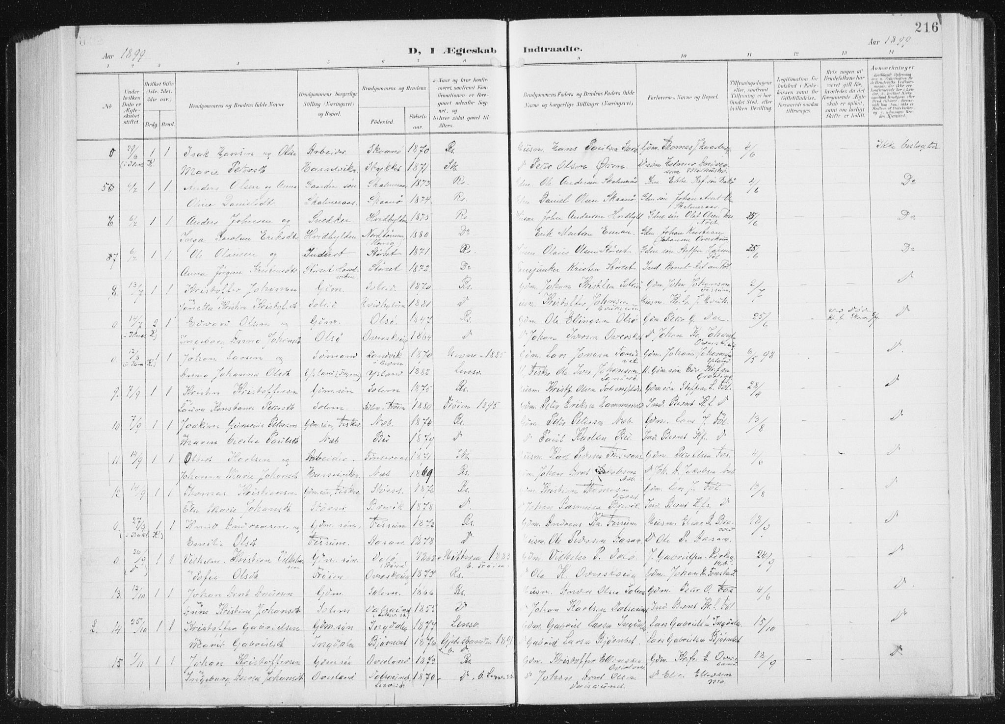 Ministerialprotokoller, klokkerbøker og fødselsregistre - Sør-Trøndelag, AV/SAT-A-1456/647/L0635: Parish register (official) no. 647A02, 1896-1911, p. 216