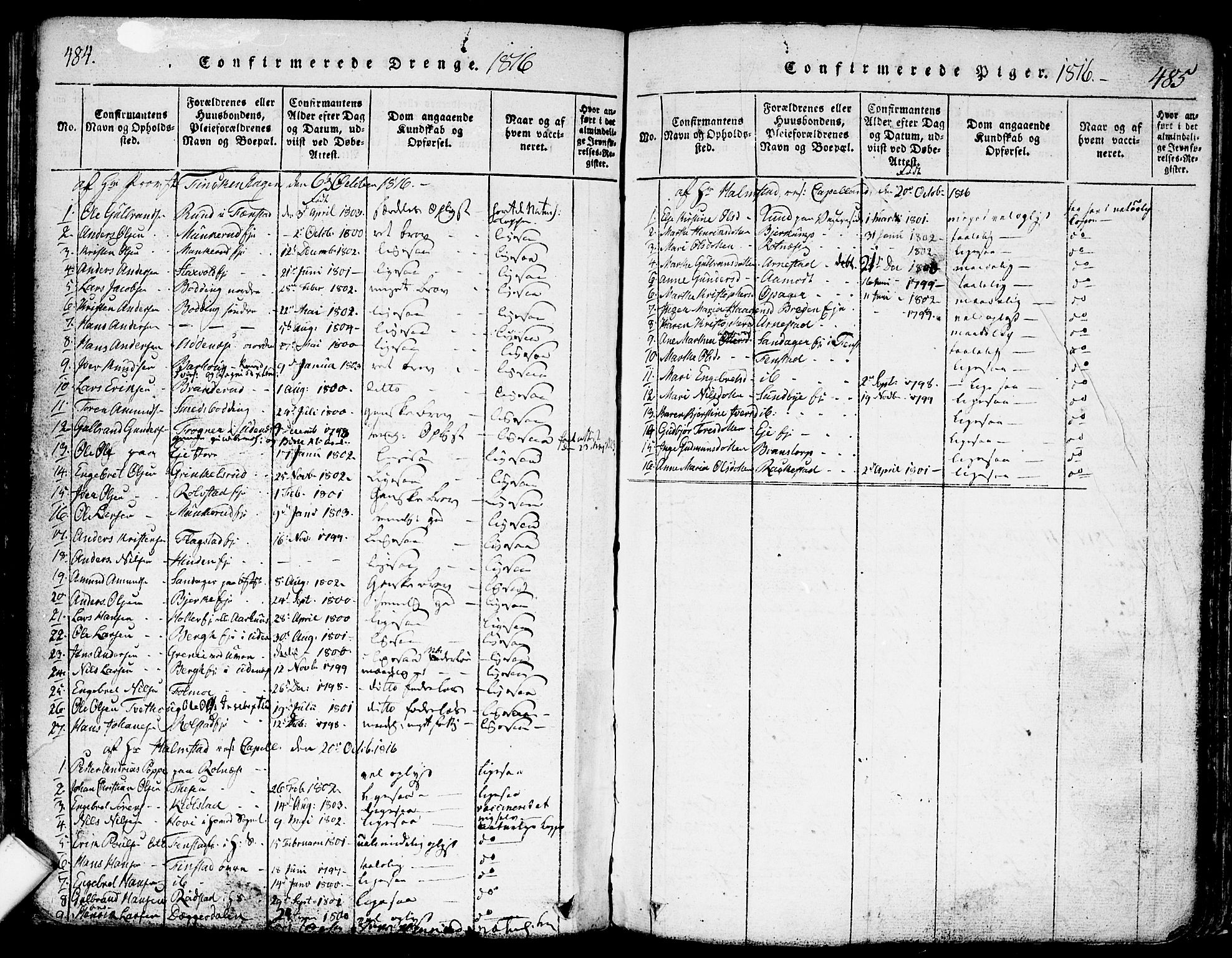 Nes prestekontor Kirkebøker, SAO/A-10410/F/Fa/L0005: Parish register (official) no. I 5, 1815-1835, p. 484-485