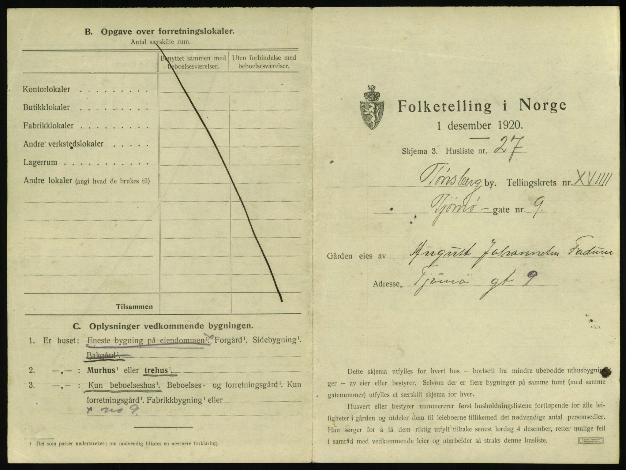 SAKO, 1920 census for Tønsberg, 1920, p. 2039