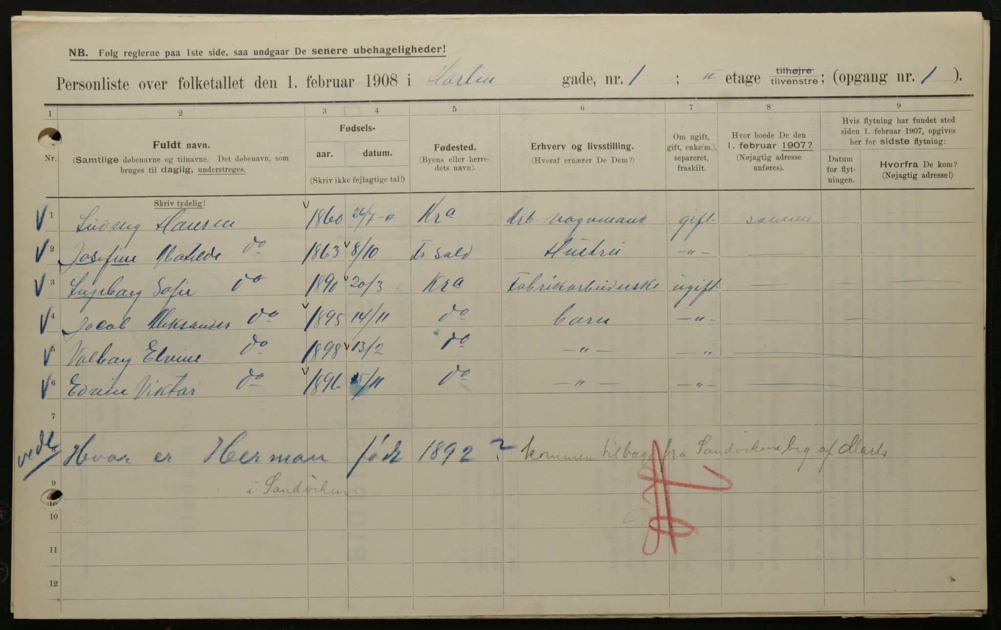 OBA, Municipal Census 1908 for Kristiania, 1908, p. 37238