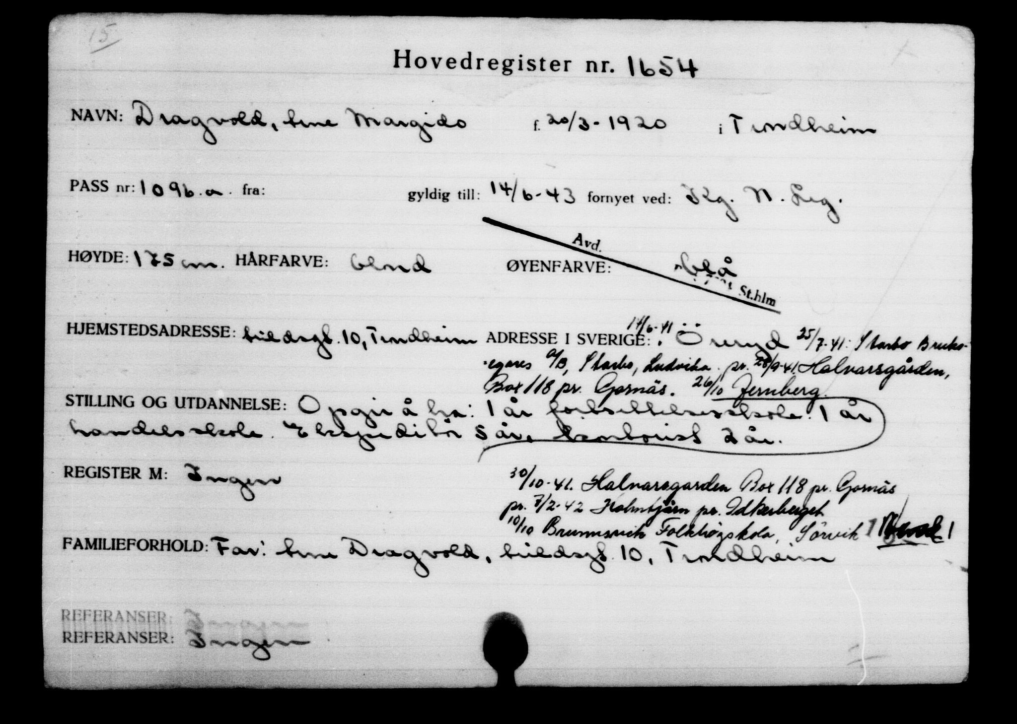 Den Kgl. Norske Legasjons Flyktningskontor, AV/RA-S-6753/V/Va/L0002: Kjesäterkartoteket.  Flyktningenr. 1001-2000, 1940-1945, p. 929