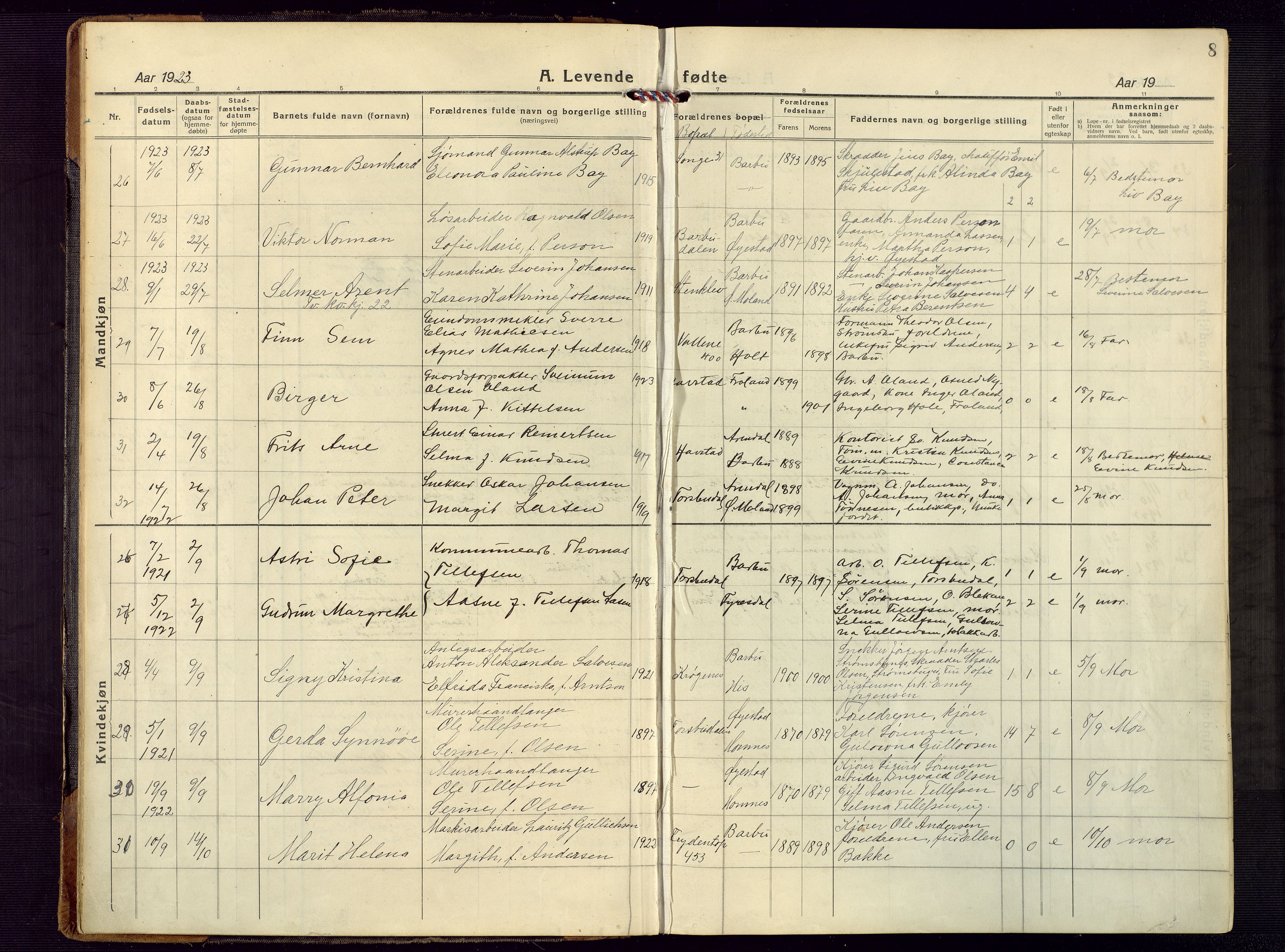 Barbu sokneprestkontor, AV/SAK-1111-0003/F/Fb/L0005: Parish register (copy) no. B 5, 1923-1946, p. 8