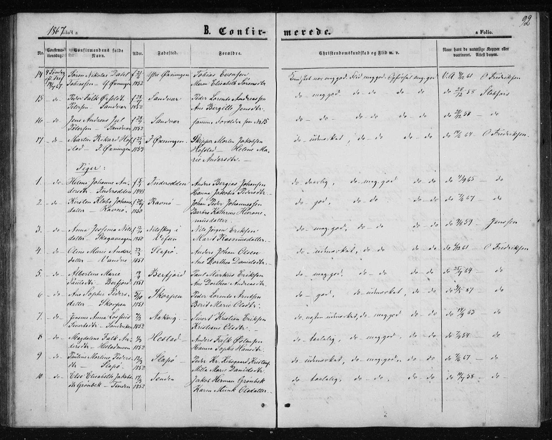 Ministerialprotokoller, klokkerbøker og fødselsregistre - Nordland, SAT/A-1459/834/L0505: Parish register (official) no. 834A03, 1862-1871, p. 92