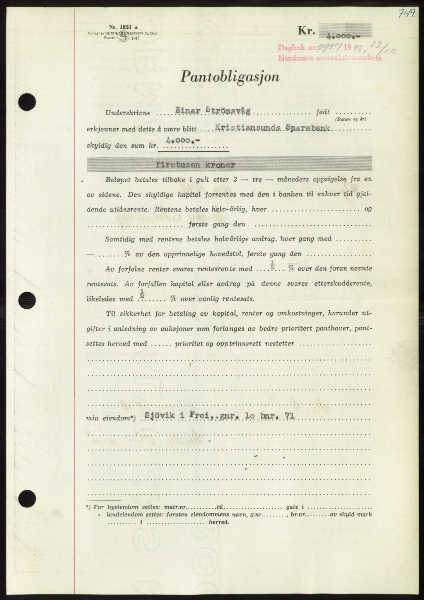 Nordmøre sorenskriveri, AV/SAT-A-4132/1/2/2Ca: Mortgage book no. B99, 1948-1948, Diary no: : 2927/1948