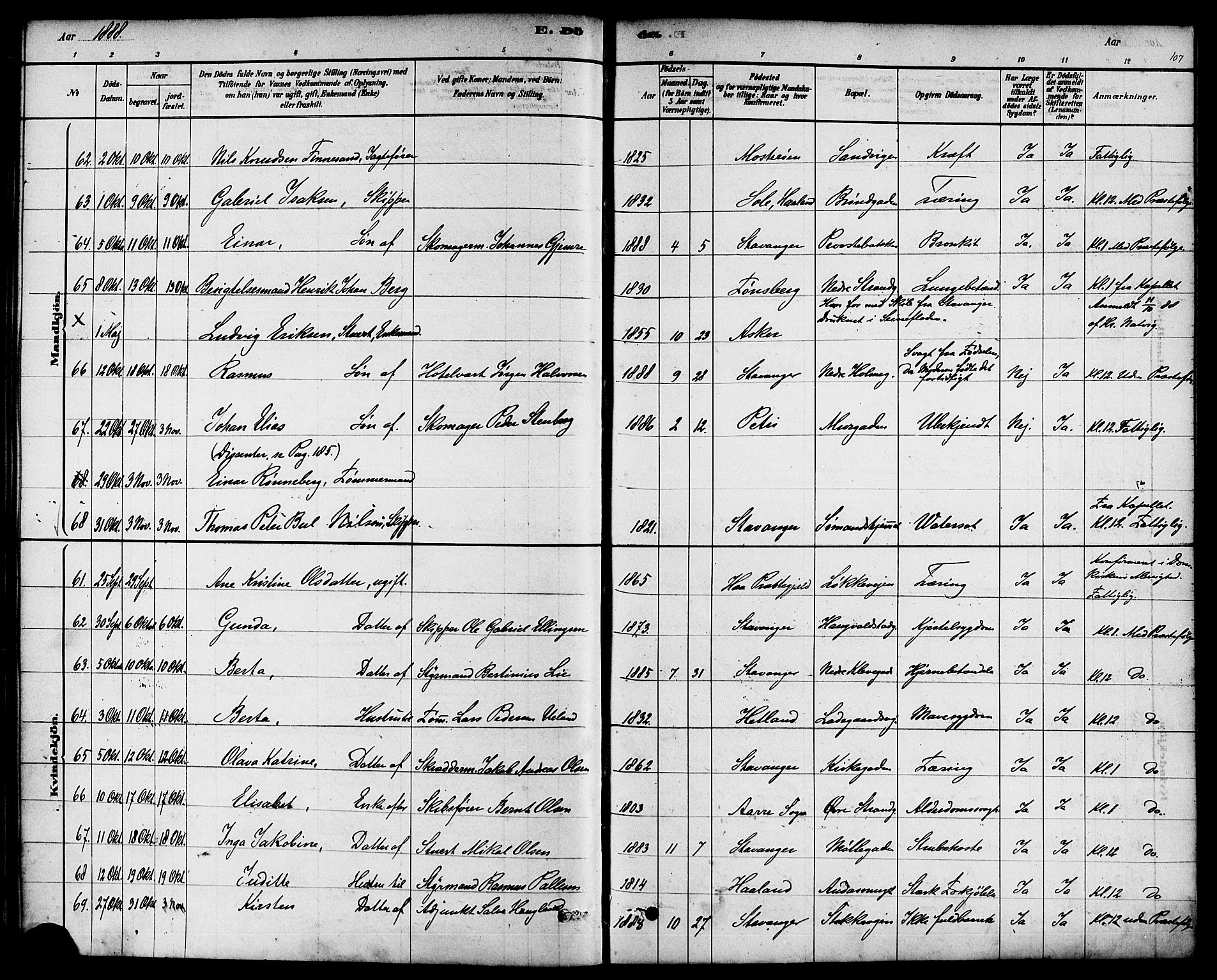 Domkirken sokneprestkontor, SAST/A-101812/001/30/30BA/L0027: Parish register (official) no. A 26, 1878-1896, p. 107