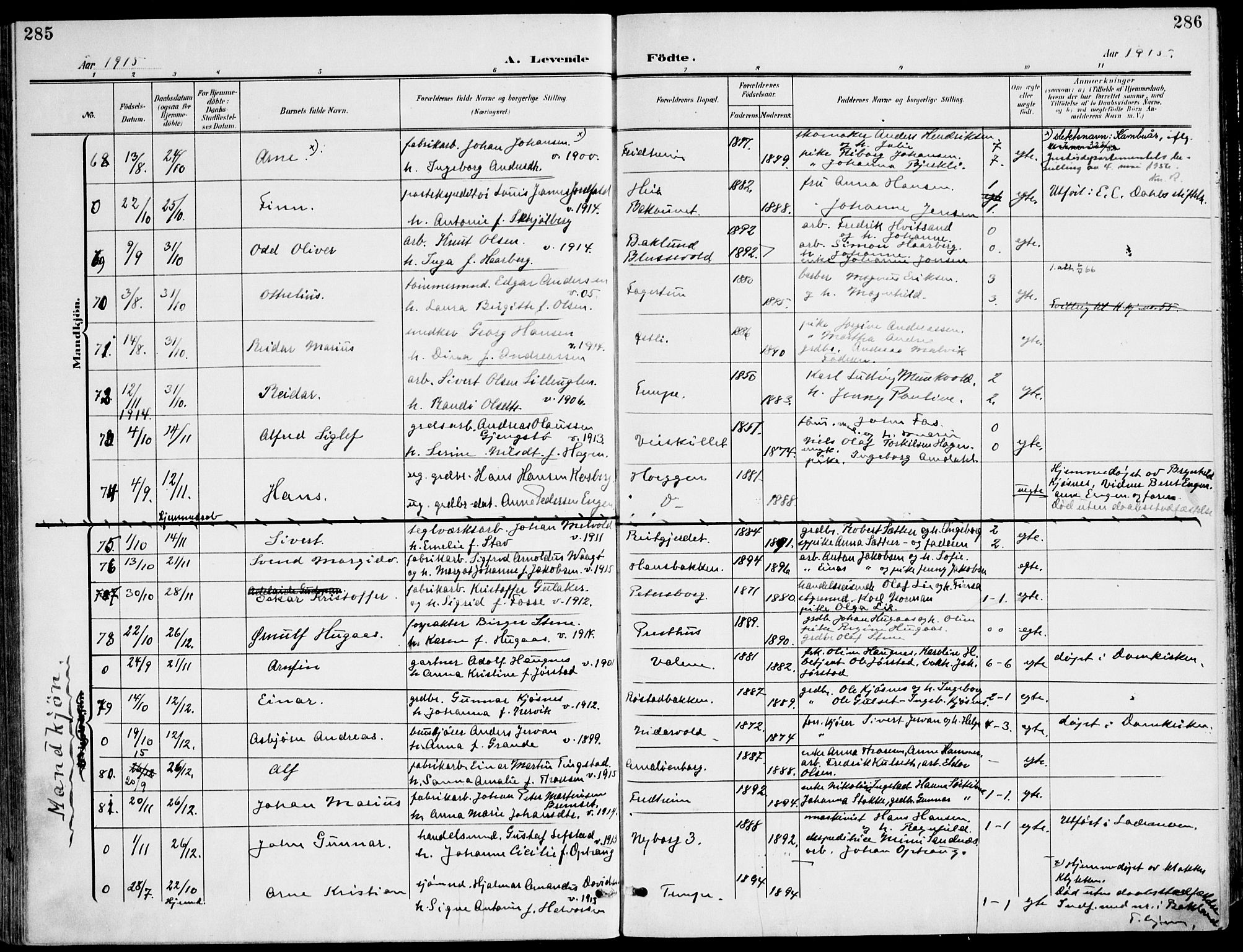 Ministerialprotokoller, klokkerbøker og fødselsregistre - Sør-Trøndelag, AV/SAT-A-1456/607/L0320: Parish register (official) no. 607A04, 1907-1915, p. 285-286