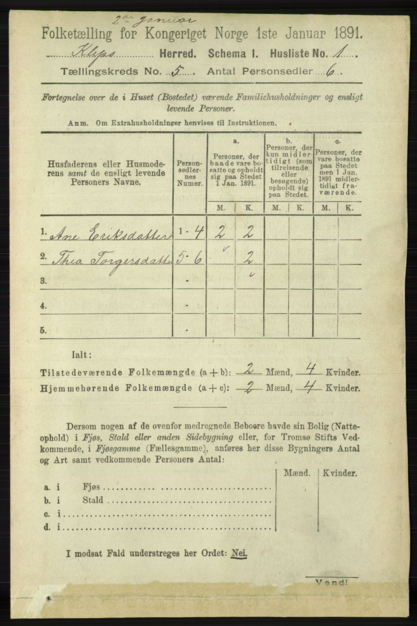 RA, 1891 census for 1120 Klepp, 1891, p. 1289