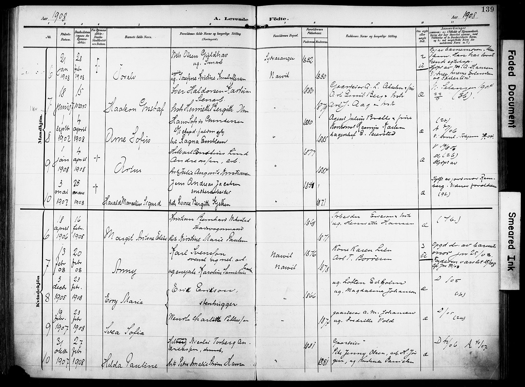 Ministerialprotokoller, klokkerbøker og fødselsregistre - Nordland, AV/SAT-A-1459/871/L0994: Parish register (official) no. 871A10, 1902-1910, p. 139