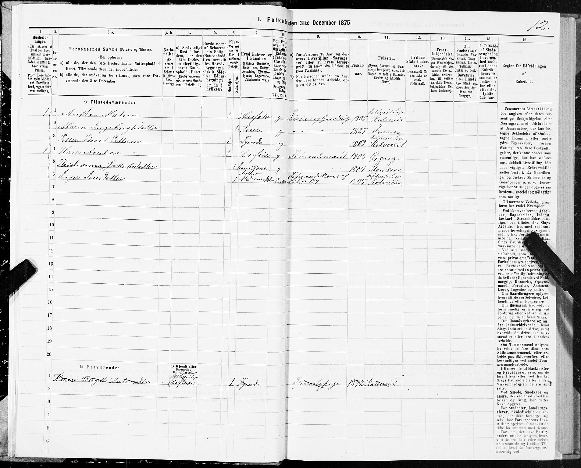 SAT, 1875 census for 1752P Kolvereid, 1875, p. 3012