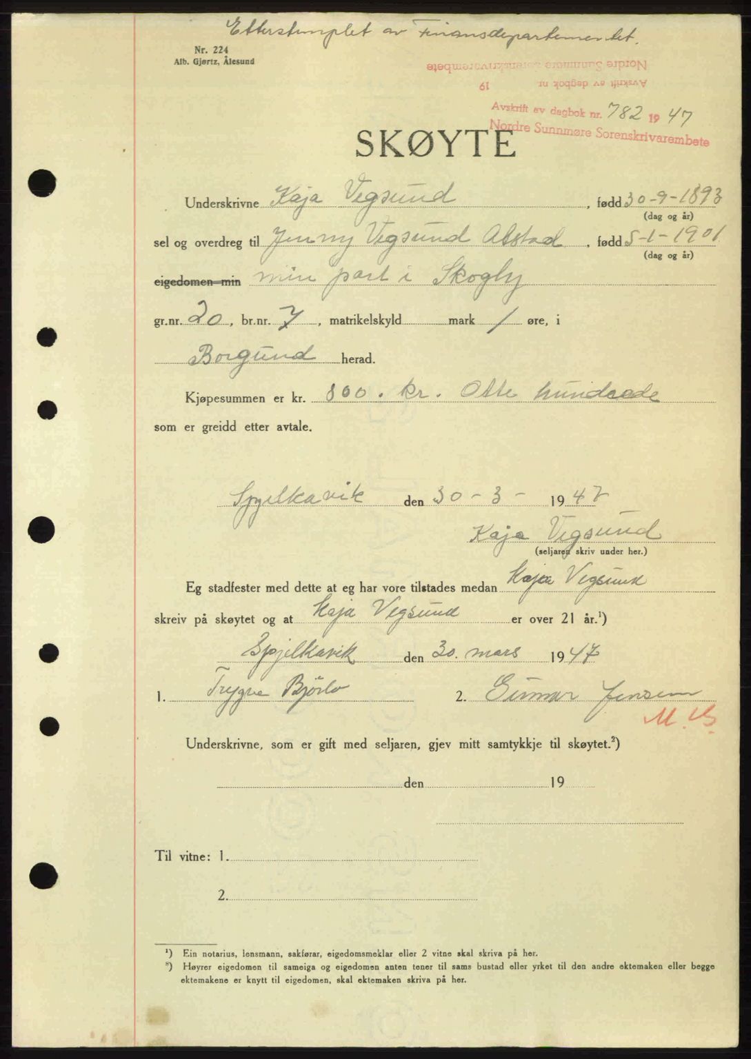 Nordre Sunnmøre sorenskriveri, AV/SAT-A-0006/1/2/2C/2Ca: Mortgage book no. A24, 1947-1947, Diary no: : 782/1947